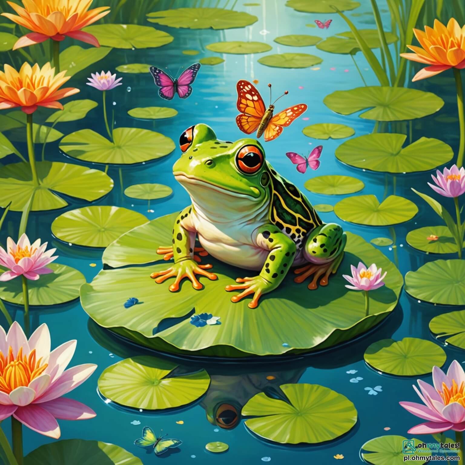 Une illustration destinée aux enfants représentant une petite grenouille au teint éclatant de vert, ornée d'une délicate couronne dorée, perchée sur une grande feuille de nénuphar au milieu d'un staw scintillant, entourée de fleurs colorées et de papillons virevoltants, qui rêve d'aventures au-delà de son paisible habitat, tout en étant accompagnée de son sage ami le tortue à la carapace rayée et du joyeux papillon aux ailes multicolores, alors qu'ils s'apprêtent à explorer les mystères de la forêt enchantée qui borde leur monde aquatique.