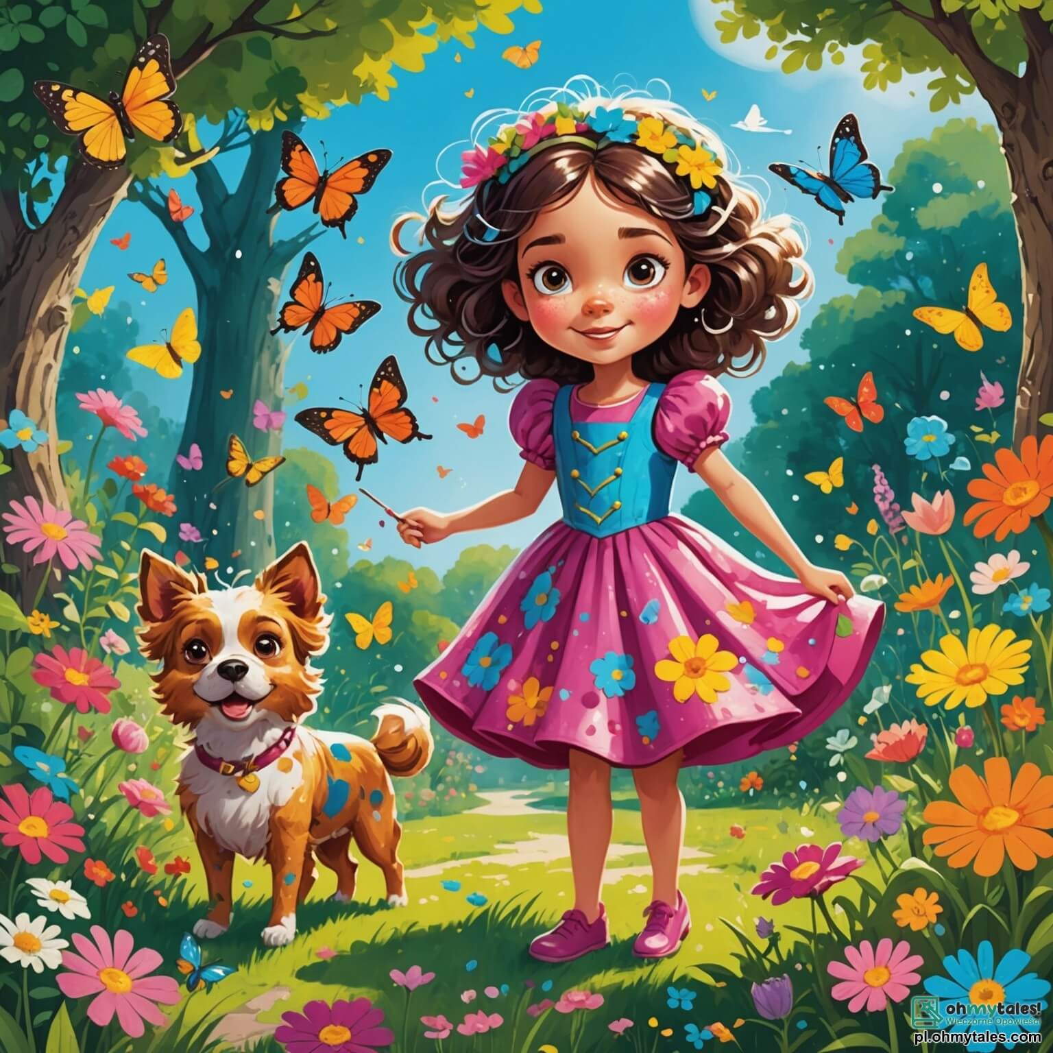 Une illustration destinée aux enfants représentant une princesse pétillante aux cheveux en désordre, vêtue d'une robe colorée pleine de taches de peinture, qui se retrouve dans un jardin enchanté parsemé de fleurs éclatantes et de papillons virevoltants, tandis qu'un petit chien espiègle aux yeux brillants l'observe avec curiosité, tous deux prêts à vivre des aventures hilarantes au cœur d'un royaume magique où la joie et les rires résonnent à chaque coin.