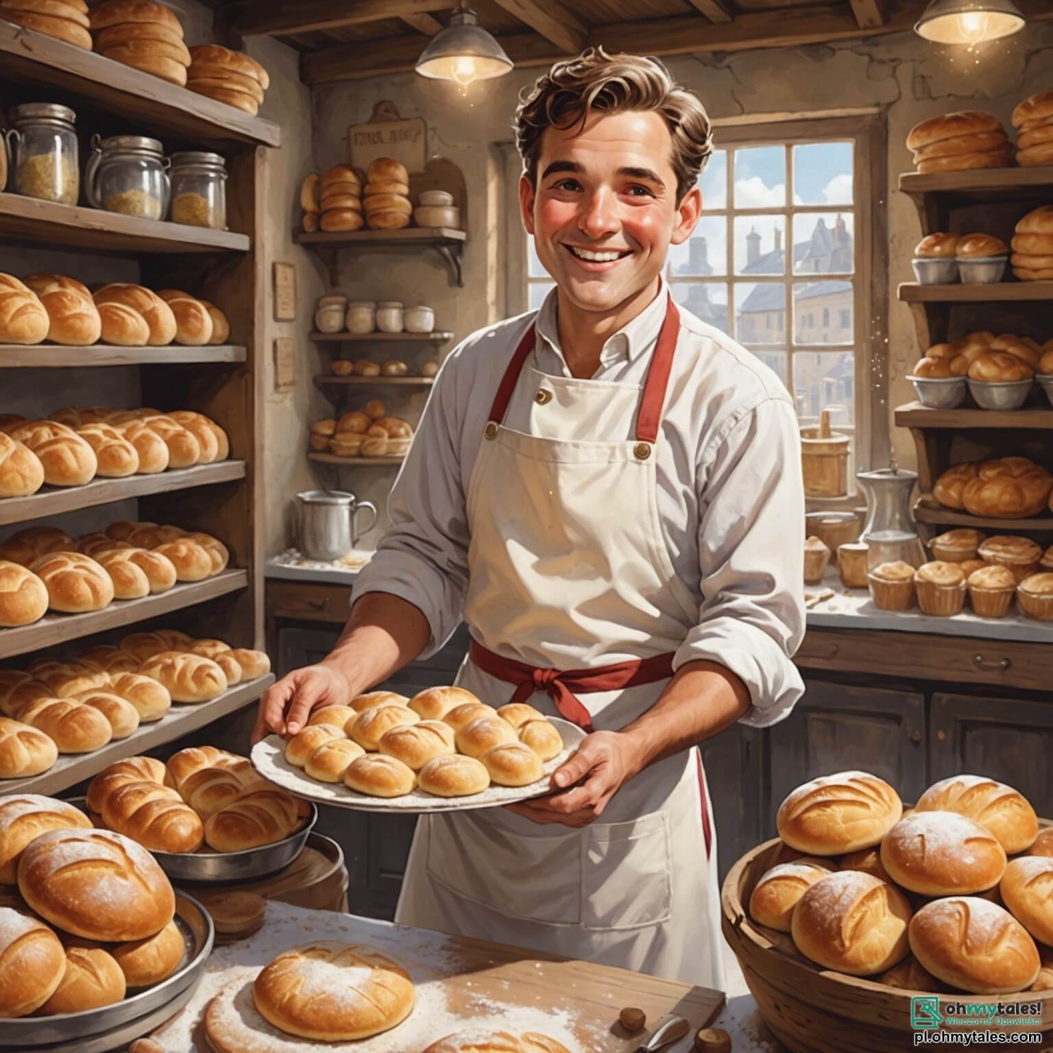 Une illustration destinée aux enfants représentant un homme à la stature robuste, avec un sourire chaleureux et des joues roses, vêtu d'un élégant tablier blanc taché de farine, se tenant au milieu d'une boulangerie animée, où l'air est empli des arômes envoûtants du pain croustillant et des douceurs sucrées, entouré de petites filles aux yeux pétillants de curiosité, qui l'observent avec émerveillement alors qu'il façonne des pâtes dorées sous la lumière douce filtrant à travers les grandes fenêtres, tandis que des étagères en bois, chargées de pains de toutes formes et tailles, et des paniers débordant de croissants dorés, créent un décor chaleureux et accueillant, où chaque coin raconte une histoire de passion et de partage.