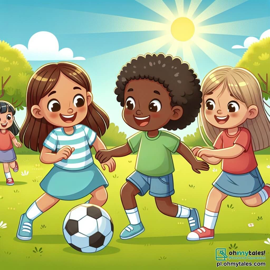 Une illustration sous forme de dessin destinée aux enfants représentant un parc ensoleillé, avec une fille de 11 ans aux cheveux bruns et bouclés, d'origine polonaise et indienne, souriante et jouant au football avec une nouvelle camarade, une fille d'environ le même âge, aux cheveux noirs et lisses, d'origine africaine, qui rit en dribblant la balle, tandis qu'une autre fille, d'origine européenne, aux cheveux blonds, les regarde avec curiosité, illustrant la joie de l'amitié et la célébration de la diversité culturelle à travers le jeu.