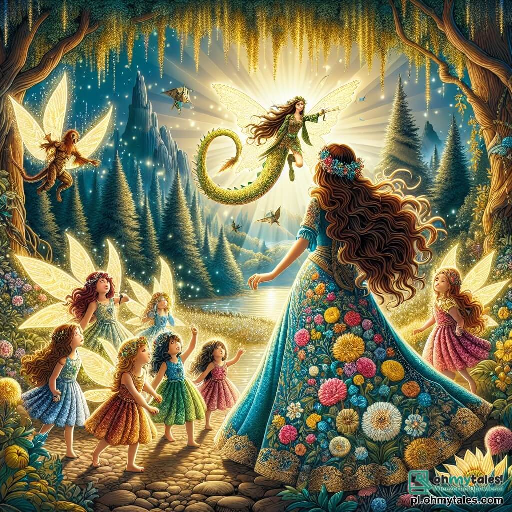 Une illustration sous forme de dessin destinée aux enfants représentant une clairière enchantée baignée de lumière dorée, où une femme aux cheveux longs et ondulés, vêtue d'une robe colorée ornée de fleurs, se tient courageusement devant un groupe de petites fées aux ailes scintillantes, tandis qu'un dragon miniature aux écailles brillantes s'envole autour d'eux, tous unis pour affronter un sorcier maléfique qui menace leur monde magique, avec des arbres majestueux et des fleurs luminescentes en arrière-plan, créant une atmosphère de mystère et d'aventure.