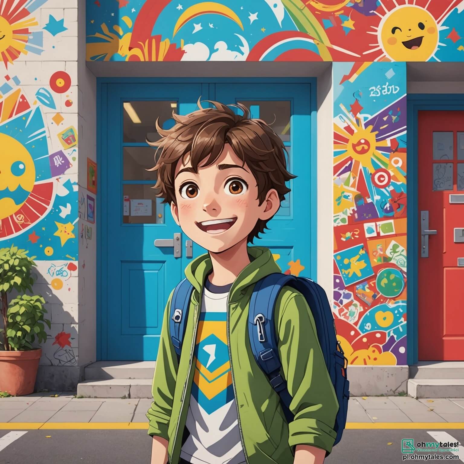 Une illustration destinée aux enfants représentant un garçon aux cheveux châtains ébouriffés, les yeux pétillants d'excitation et d'appréhension, se tenant devant l'entrée d'une école colorée aux murs ornés de fresques joyeuses et de dessins d'enfants, où les rires et les cris des camarades résonnent dans l'air frais du matin, tandis qu'il serre son nouveau sac à dos aux motifs de super-héros, prêt à affronter la rentrée des classes, entouré de ses amis, un garçon aux lunettes rondes et une fille aux tresses, qui partagent avec lui la même anxiété et l'enthousiasme d'un nouveau départ, tous impatients de découvrir leur nouvelle maîtresse et les aventures qui les attendent dans cette année scolaire prometteuse.