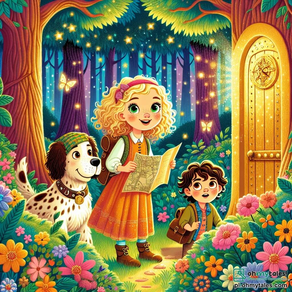 Une illustration sous forme de dessin destinée aux enfants représentant une forêt magique avec de grands arbres aux feuilles colorées, au centre une fille de 9 ans aux cheveux dorés et bouclés, souriante et tenant une vieille carte, entourée de deux amis : un garçon aux cheveux bruns et un chien au pelage tacheté, tous les trois regardant avec émerveillement une porte dorée scintillante qui apparaît devant eux, symbolisant leur quête pour trouver un trésor caché, avec des fleurs colorées et des lucioles dans l'air pour ajouter une touche féerique à la scène.