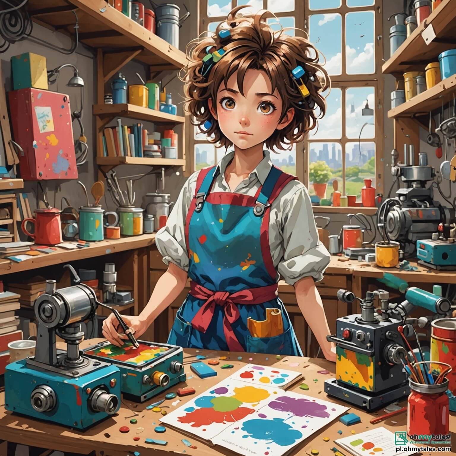 Une illustration destinée aux enfants représentant une femme aux cheveux en désordre, vêtue d'un fartuch coloré et taché de peinture, entourée de machines bourdonnantes et de gadgets étranges dans un atelier lumineux rempli de livres et de croquis, où elle s'efforce de créer un appareil farfelu qui transforme les objets en délicieuses friandises, tandis qu'un petit garçon curieux, les yeux écarquillés, observe avec émerveillement les expériences de la brillante inventrice.