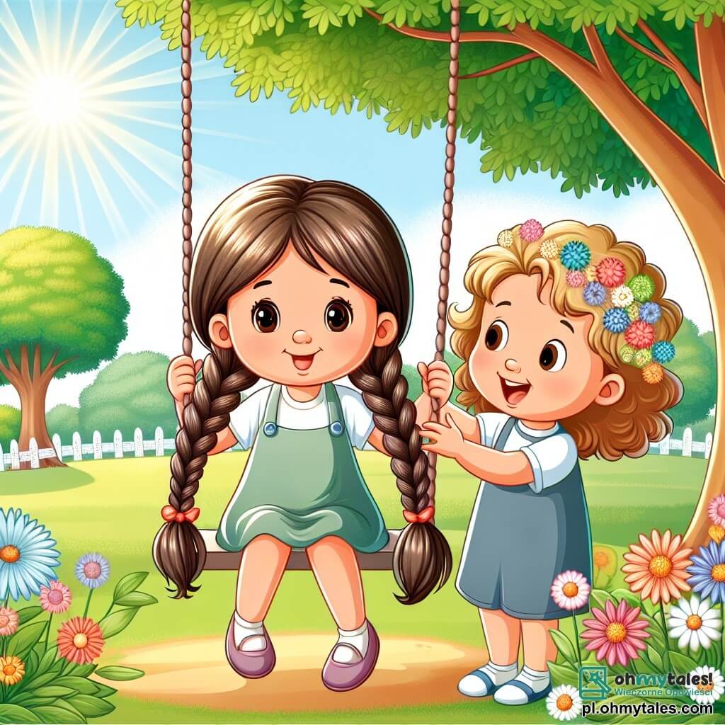 Une illustration sous forme de dessin destinée aux enfants représentant un parc ensoleillé, avec des arbres verdoyants et des fleurs colorées, où une fille de 9 ans aux longs cheveux bruns tressés, assise sur une balançoire, sourit tout en jouant avec sa meilleure amie, une petite fille aux cheveux blonds et bouclés, qui l'encourage joyeusement, tandis qu'une légère brise fait danser les feuilles autour d'elles, symbolisant la joie et l'espoir après une période de maladie.