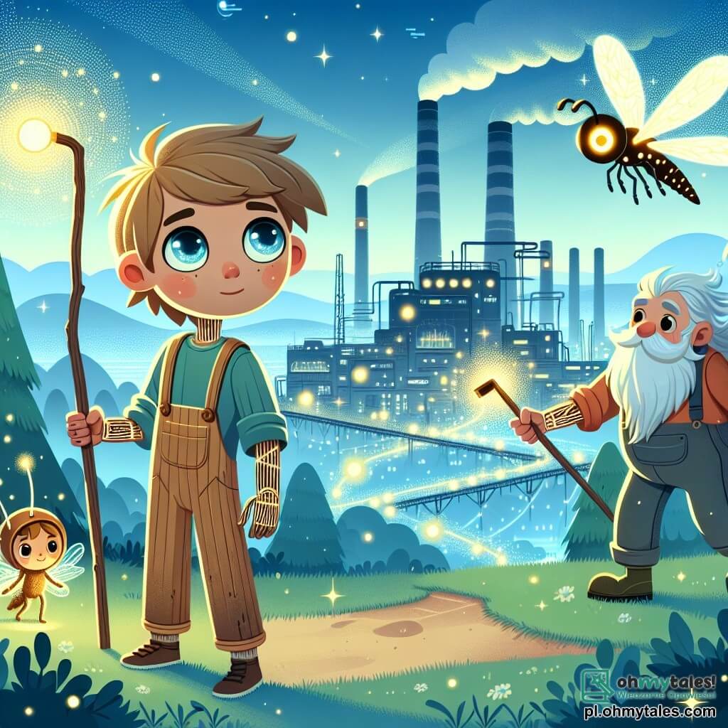 Une illustration sous forme de dessin destinée aux enfants représentant une scène vibrante dans un Cyfrowy Las, où un jeune garçon au visage en bois, aux yeux pétillants de curiosité et aux cheveux en paille, se tient courageusement devant une grande usine polluante, entouré de ses amis : une petite luciole brillante, qui éclaire son chemin avec une lueur dorée, et un vieux menuisier à la barbe blanche, qui brandit un outil de jardinage, tous unis pour sauver leur monde de la pollution, avec des arbres technologiques scintillants en arrière-plan et des nuages de fumée se dissipant lentement dans un ciel bleu clair.