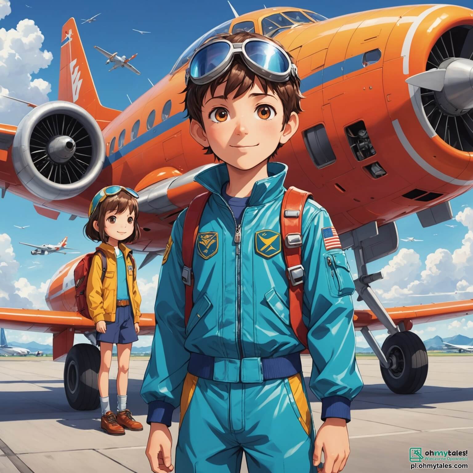 Une illustration destinée aux enfants représentant un jeune garçon aux yeux pétillants de curiosité, vêtu d'une combinaison de pilote aux couleurs vives, se tenant avec détermination devant un immense avion aux ailes étincelantes, tandis qu'à ses côtés, sa meilleure amie, une fille pleine de rêves, l'encourage avec un sourire radieux, le tout se déroulant sur un lotissement animé d'un petit aéroport, où les avions décollent et atterrissent dans un ciel bleu azur parsemé de nuages cotonneux, entouré de champs verdoyants et de fleurs colorées, créant une atmosphère magique et pleine d'aventures.