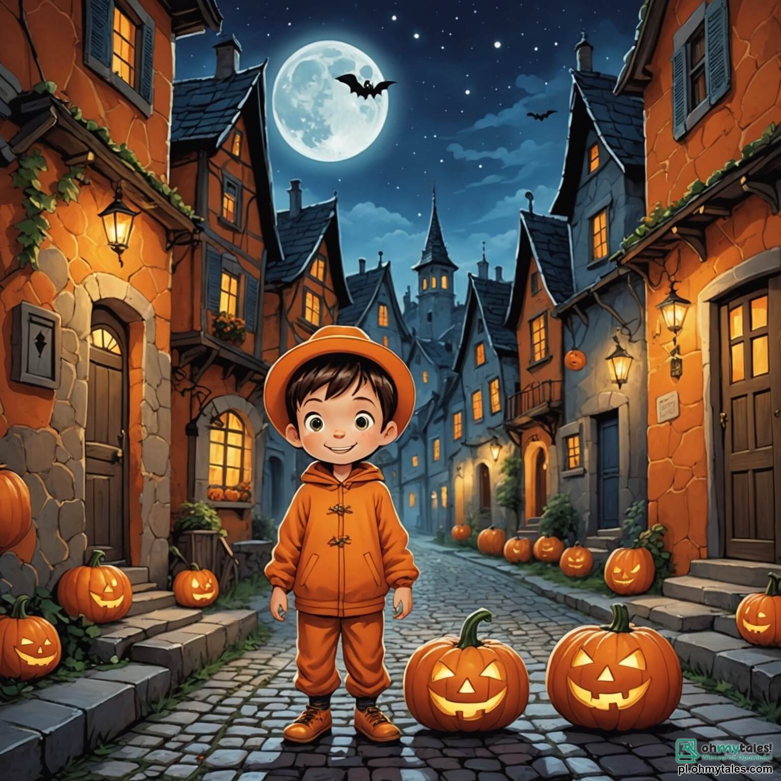 Une illustration destinée aux enfants représentant un garçon aux yeux pétillants d'excitation, vêtu d'un costume de potiron scintillant, se tenant au milieu d'un petit village aux rues pavées, où les maisons aux volets colorés sont ornées de toiles d'araignées et de lanternes vacillantes, tandis qu'une nuit d'Halloween mystérieuse enveloppe le ciel étoilé, et où son meilleur ami, un garçon intrépide au sourire malicieux, l'accompagne dans leur quête pour récolter des bonbons, tout en osant s'aventurer près de la vieille maison abandonnée, réputée pour être hantée par un vieux sorcier aux pouvoirs magiques.
