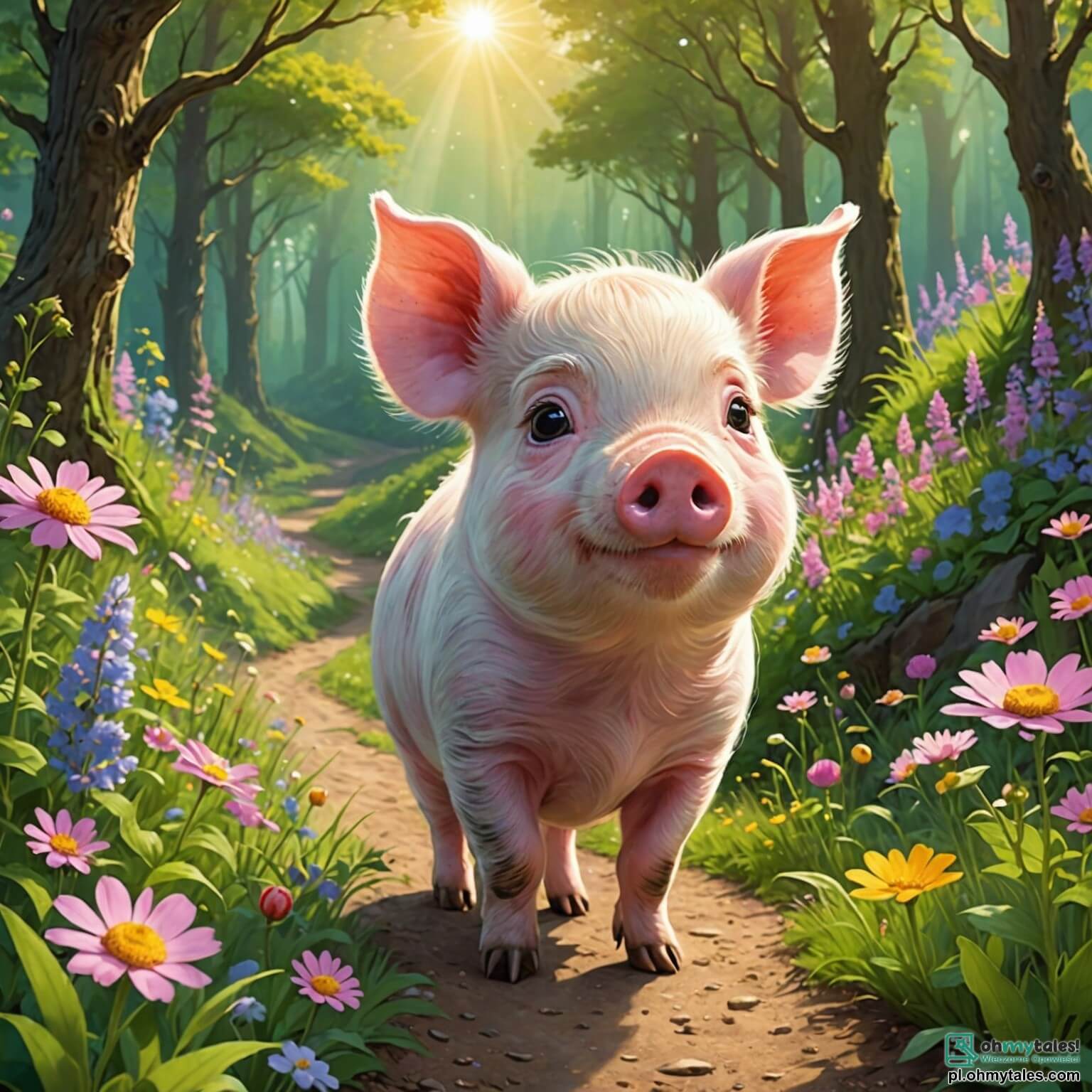 Une illustration destinée aux enfants représentant un petit cochon au pelage rose et soyeux, aux yeux pétillants de curiosité, se tenant au bord d'un chemin sinueux bordé de fleurs sauvages aux couleurs éclatantes, tandis qu'il rêve d'aventures palpitantes dans une forêt enchantée où des lapins espiègles et des oiseaux chanteurs l'invitent à découvrir des trésors cachés, tout en s'émerveillant devant les rayons dorés du soleil filtrant à travers les feuillages verdoyants, créant un tableau féerique d'amitié et de découvertes.