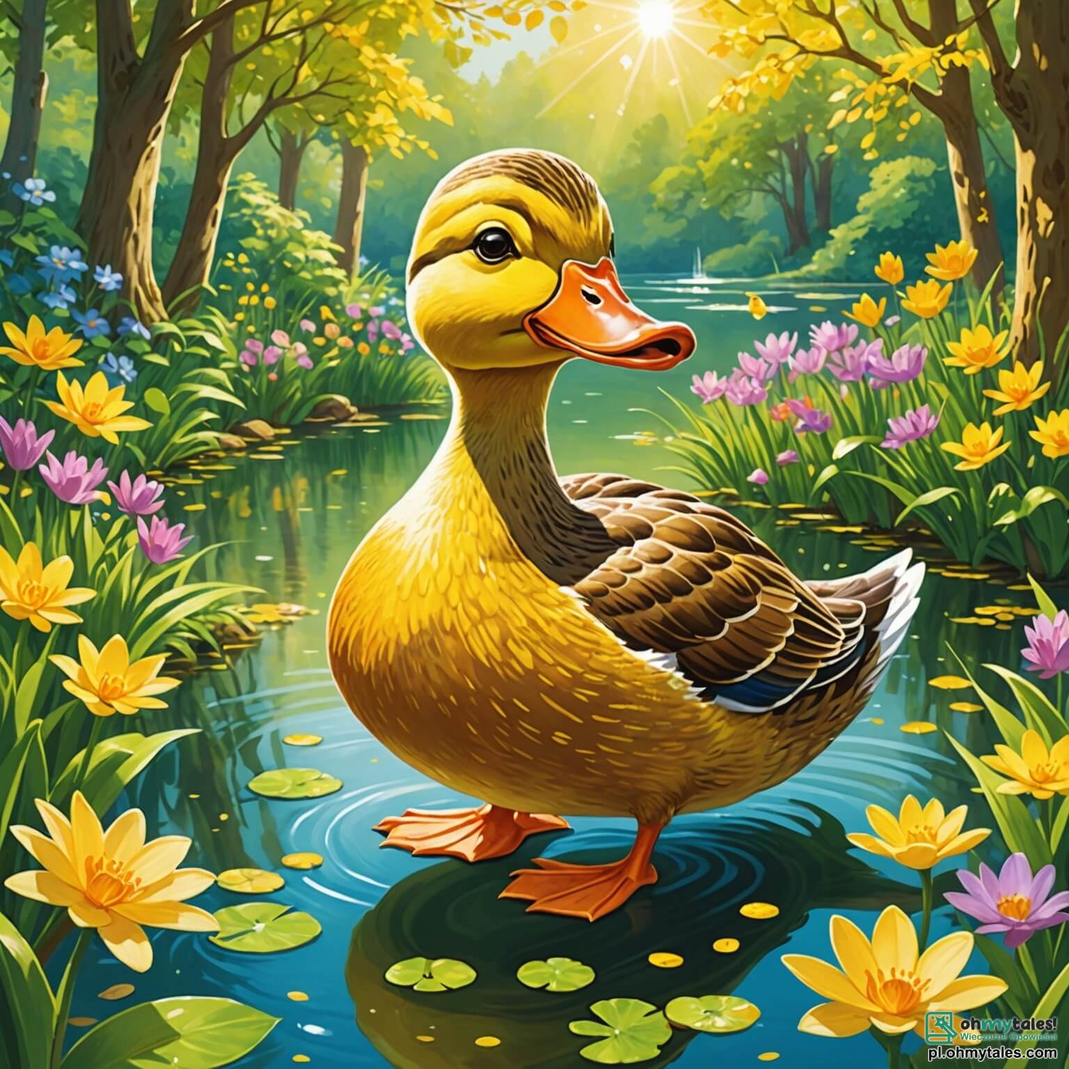 Une illustration destinée aux enfants représentant un canard joyeux et espiègle, aux plumes dorées scintillant au soleil, qui se retrouve dans une magnifique clairière verdoyante, entourée de fleurs colorées et d'un étang étincelant, où il s'amuse avec une grenouille malicieuse, tout en cherchant un trésor caché sous les feuilles dorées des grands arbres.