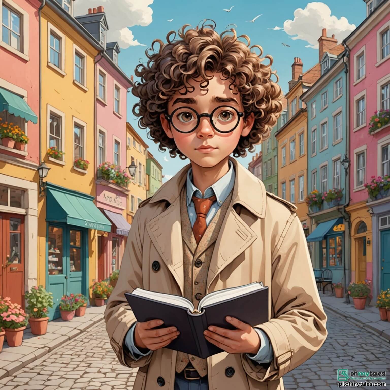 Une illustration destinée aux enfants représentant un homme au regard perçant et aux lunettes rondes, vêtu d'un trench-coat beige, tenant un carnet de notes dans une main et une loupe dans l'autre, se tenant dans un petit miasteczko coloré aux maisons aux façades pastel, où les ruelles pavées serpentent entre des jardins fleuris, tandis qu'une petite fille aux cheveux bouclés et aux yeux pétillants, vêtue d'une robe à fleurs, l'accompagne avec une expression d'inquiétude sur le visage, alors qu'ils s'apprêtent à résoudre le mystère de la disparition de la petite chatte du quartier, tout en croisant le chemin d'une vieille dame au chignon bien coiffé, assise sur un banc, qui les observe d'un air curieux, dans un parc ensoleillé où les oiseaux chantent et les arbres dansent doucement au gré du vent.