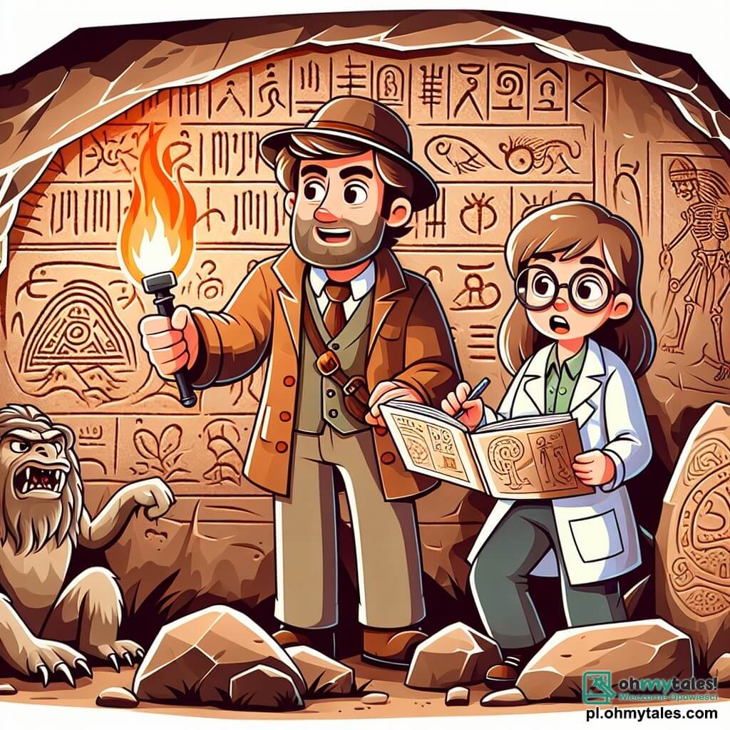 Une illustration sous forme de dessin destinée aux enfants représentant une grotte mystérieuse aux murs ornés de vieux peintures, où un homme courageux aux cheveux bruns et à la barbe légère, vêtu d'un chapeau d'explorateur et d'une veste en cuir, tient une lampe torche et observe des inscriptions anciennes, tandis qu'à ses côtés, une femme aux lunettes et aux cheveux châtains, portant une blouse de scientifique, feuillette un livre sur les plantes, et tous deux sont surpris par l'apparition d'un homme au regard rusé, vêtu de vêtements de pirate, qui les menace avec un air déterminé, alors qu'ils découvrent ensemble les secrets de la grotte.
