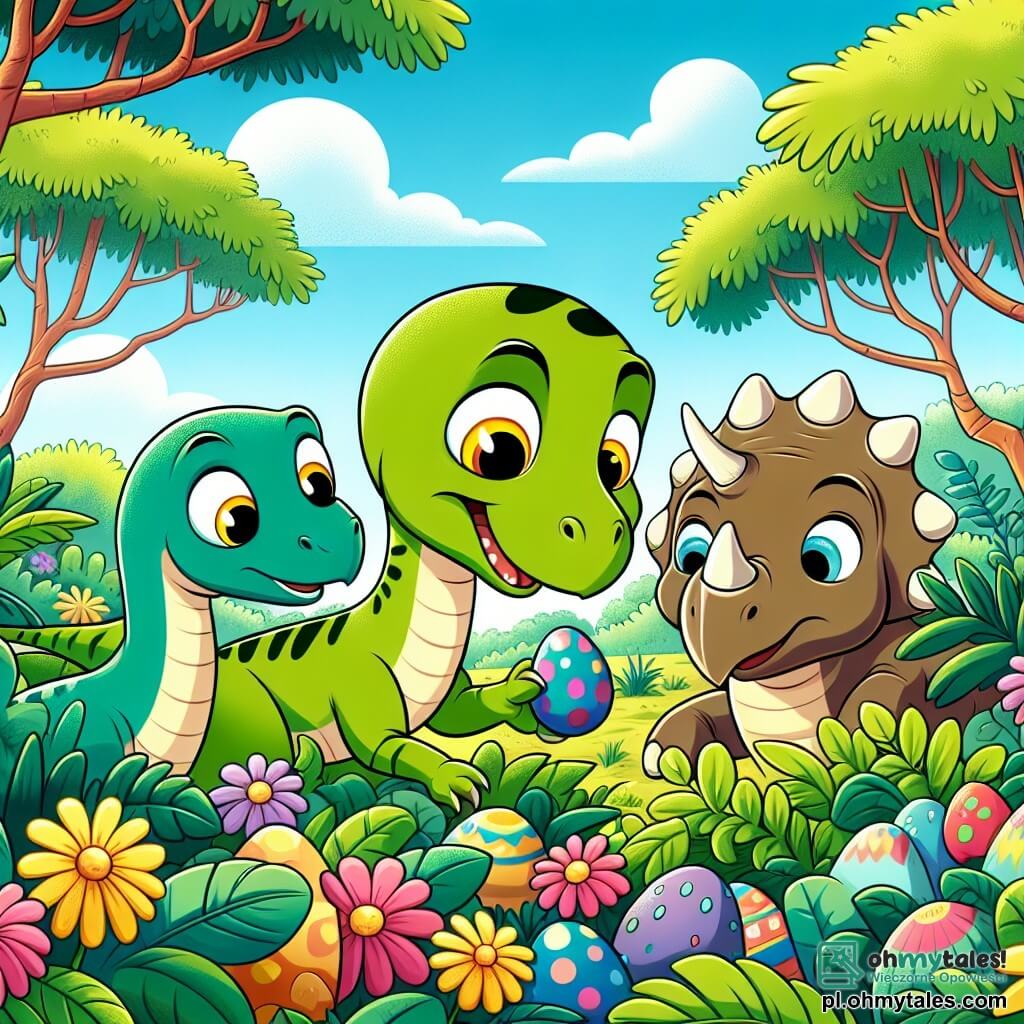 Une illustration sous forme de dessin destinée aux enfants représentant une scène colorée dans une jungle luxuriante, où un petit vélociraptor à la peau verte brillante et aux yeux jaunes vifs, avec une expression déterminée, cherche des œufs disparus aux côtés de son ami, un grand brontosaurus au cou long et amical, qui observe les alentours avec curiosité, tandis qu'un triceratops au regard intelligent les aide à fouiller les buissons, le tout sous un ciel bleu éclatant, avec des fleurs colorées et des arbres majestueux en arrière-plan, illustrant l'esprit d'aventure et d'amitié dans leur quête pour retrouver les œufs perdus.