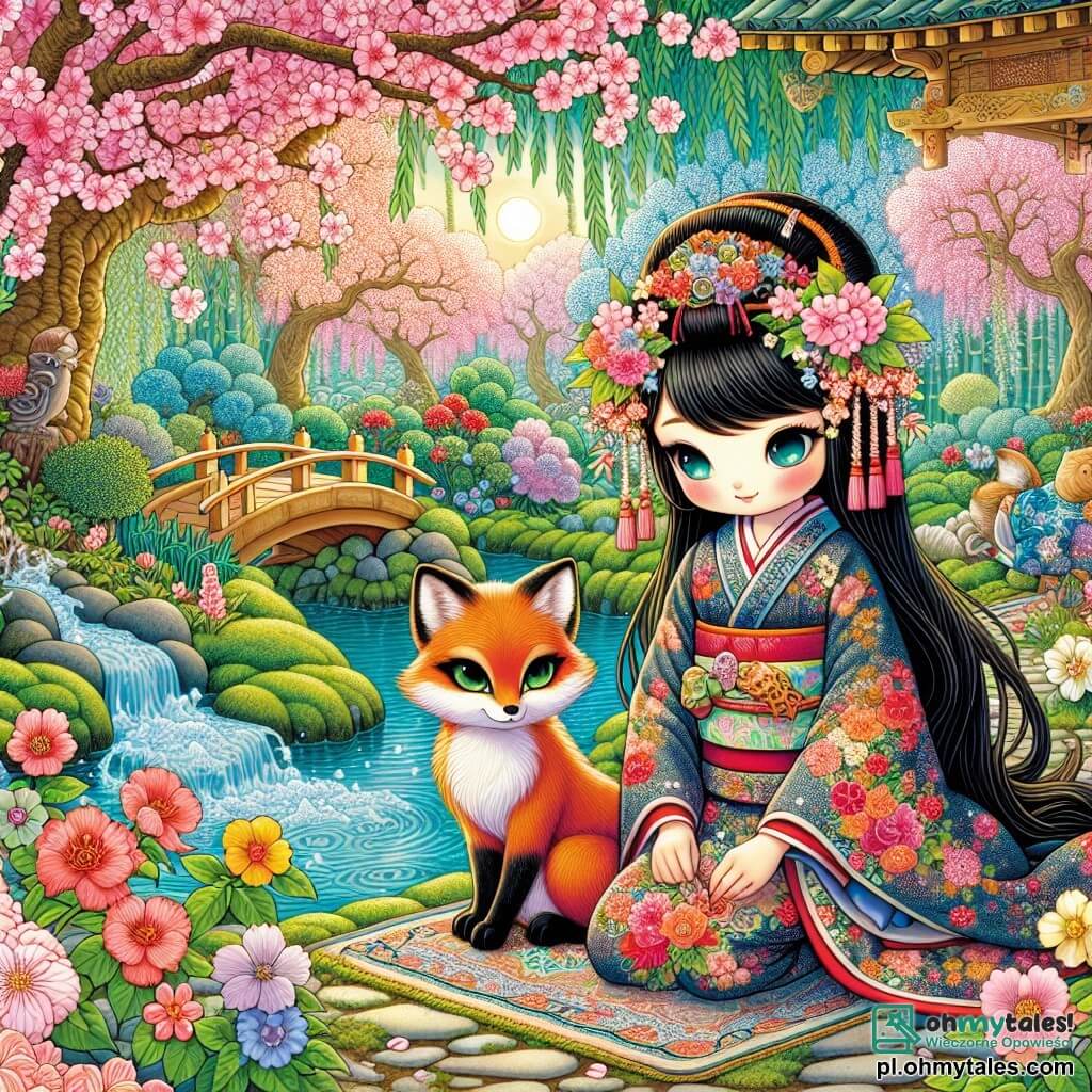 Une illustration sous forme de dessin destinée aux enfants représentant un magnifique jardin japonais en fleurs, avec des cerisiers en pleine floraison et un petit ruisseau scintillant, où une femme aux longs cheveux noirs, vêtue d'un kimono coloré orné de motifs floraux, s'agenouille avec un sourire doux en prenant soin de ses plantes, tandis qu'à ses côtés, un petit kitsune, un renard à la fourrure flamboyante et aux yeux émeraude, l'observe avec curiosité, illustrant ainsi leur amitié et leur quête pour sauver les herbes magiques disparues du jardin.