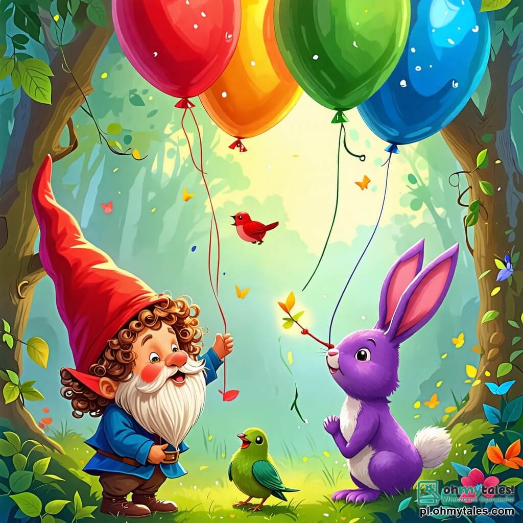 Une illustration sous forme de dessin destinée aux enfants représentant une scène colorée dans un forêt enchantée, où un lutin joyeux aux cheveux bouclés et au chapeau rouge, en train de jongler avec des ballons colorés, est entouré de deux amis : un petit oiseau vert aux plumes brillantes chantant joyeusement et un lapin violet avec un long nez et un petit chapeau en papier, qui rit en regardant le lutin, tandis qu'un léger éclat de magie scintille autour d'eux, symbolisant la joie retrouvée dans leur monde.