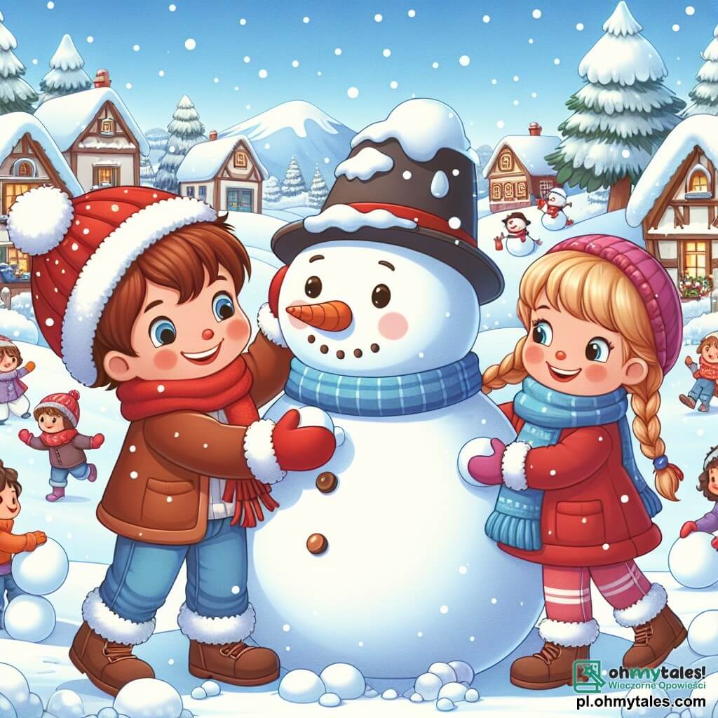 Une illustration sous forme de dessin destinée aux enfants représentant un paysage hivernal féérique dans un petit village recouvert de neige, avec un garçon de 7 ans aux cheveux châtains et aux joues roses, vêtu d'un manteau rouge vif, en train de construire un immense bonhomme de neige, tandis qu'une fille de 8 ans aux cheveux blonds et tressés, portant une écharpe bleue, l'aide à rassembler des boules de neige, et d'autres enfants joyeux en arrière-plan, lançant des boules de neige et riant, créant une atmosphère de camaraderie et de joie hivernale.