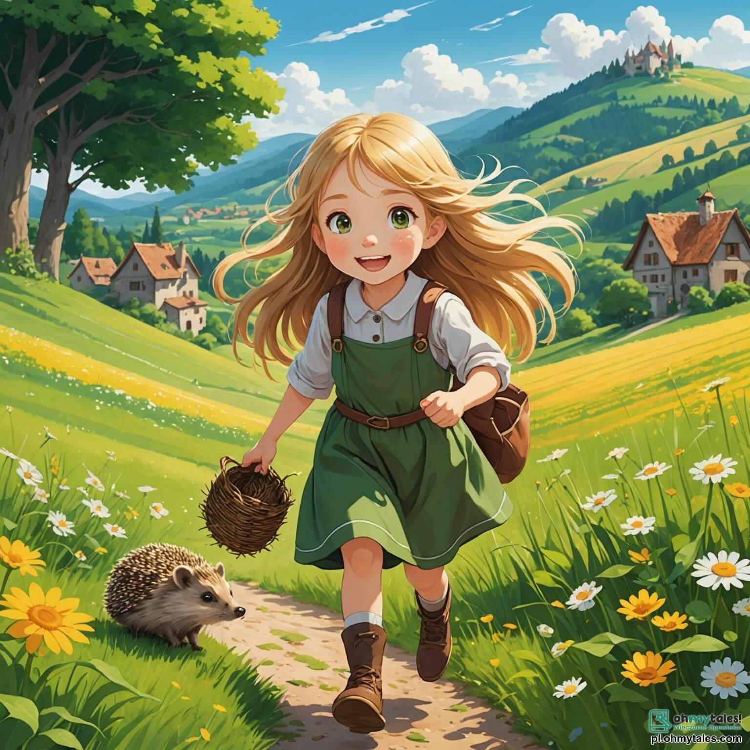 Une illustration destinée aux enfants représentant une petite fille aux longs cheveux dorés flottant au gré du vent, les yeux pétillants de curiosité et de joie, explorant avec enthousiasme les vastes champs verdoyants et les forêts enchantées d'une charmante petite village où elle passe ses vacances d'été, entourée de sa douce grand-mère au sourire chaleureux et d'un petit hérisson espiègle au pelage gris, tous deux partageant des moments de découverte et d'amitié dans ce cadre idyllique, où les fleurs colorées dansent sous le soleil et où le chant des oiseaux résonne comme une mélodie douce et apaisante.