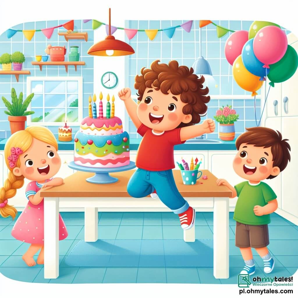 Une illustration sous forme de dessin destinée aux enfants représentant une joyeuse scène d'anniversaire dans une cuisine lumineuse, avec un garçon de 3 ans aux cheveux châtains bouclés, portant un t-shirt rouge et un pantalon bleu, sautant de joie devant une grande table décorée de ballons colorés et d'un magnifique gâteau en forme de bateau, tandis que deux enfants, une fille aux cheveux blonds tressés portant une robe rose et un garçon aux cheveux bruns courts en t-shirt vert, l'observent avec des sourires émerveillés, tous prêts à chanter "Joyeux Anniversaire" et à partager des moments de bonheur ensemble.