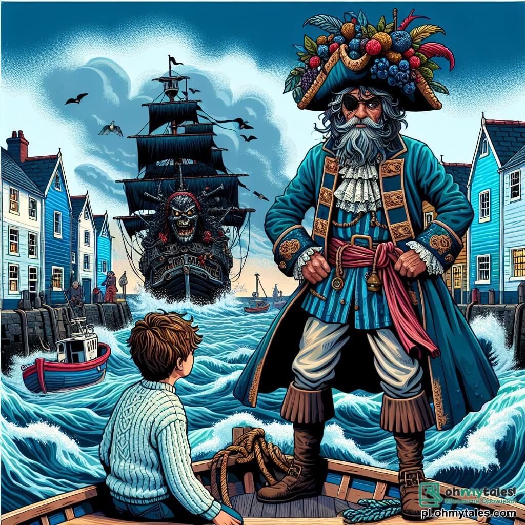 Une illustration sous forme de dessin destinée aux enfants représentant un port de pêche coloré avec des maisons aux volets bleus, où un vieux pirate barbu en tenue de marin, portant un grand chapeau orné de baies, se tient courageusement sur le pont de son bateau, le regard déterminé, tandis qu'un jeune garçon aux cheveux ébouriffés et au pull usé l'observe avec admiration, tous deux prêts à affronter un grand pirate maléfique au loin, sur un navire noir menaçant, avec des vagues tumultueuses et un ciel orageux en arrière-plan, symbolisant l'aventure et le courage.