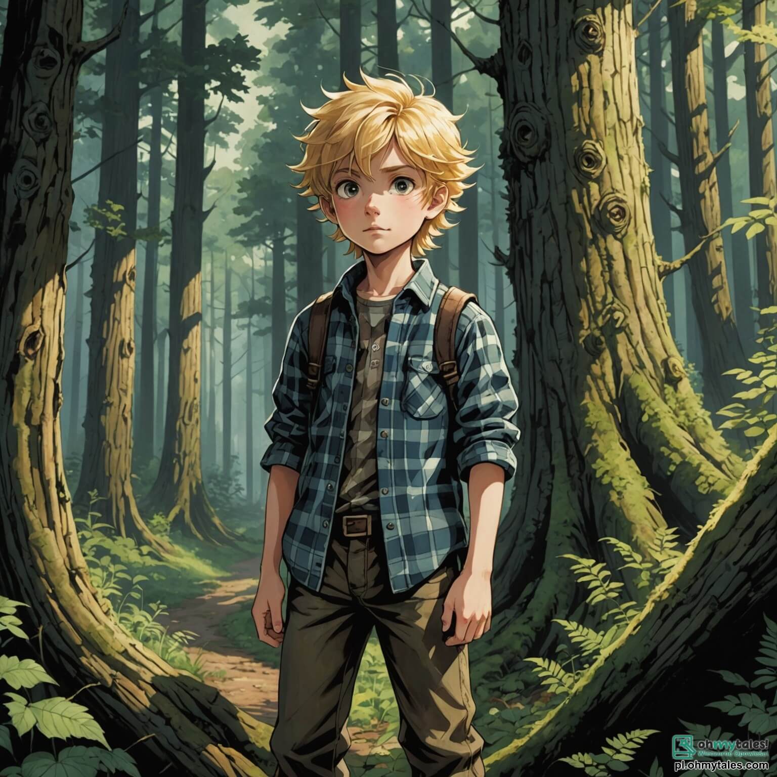 Une illustration destinée aux enfants représentant un jeune garçon aux cheveux dorés et aux yeux pétillants de curiosité, vêtu d'une chemise à carreaux et de pantalons en toile, se tenant courageusement au bord d'une forêt dense et mystérieuse, où les arbres aux troncs noueux et aux feuillages touffus semblent murmurer des secrets, tandis qu'un grand méchant loup à la fourrure sombre et aux yeux perçants, se faufile entre les ombres, prêt à semer la peur, tandis qu'en arrière-plan, une petite fille aux couettes et à la robe rouge, observant avec inquiétude, se tient à l'entrée d'un village pittoresque aux maisons colorées, où les fleurs s'épanouissent dans les jardins et où les rires des enfants résonnent, ignorant le danger qui rôde dans la forêt.