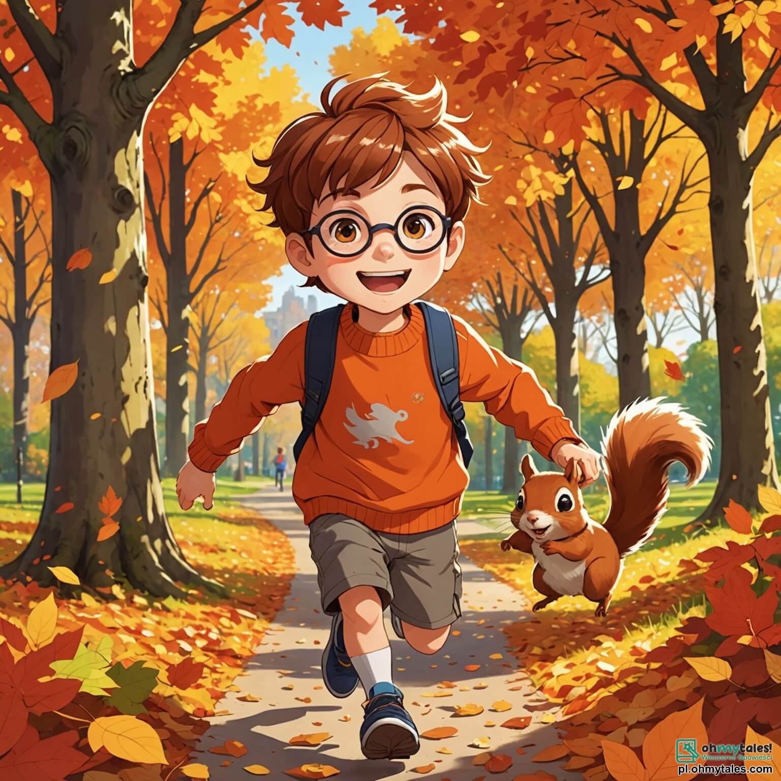Une illustration destinée aux enfants représentant un garçon aux cheveux châtains et aux yeux pétillants d'excitation, vêtu d'un pull orange vif, courant à travers un parc flamboyant où les arbres se parent de feuilles dorées, rouges et cuivrées, tandis qu'il s'arrête pour admirer une petite écureuil rousse grignotant une noisette, entouré de ses amis, une fille aux couettes blondes et un garçon aux lunettes rondes, tous trois riant et jouant au milieu des tas de feuilles croustillantes qui volent dans l'air frais et parfumé de l'automne.