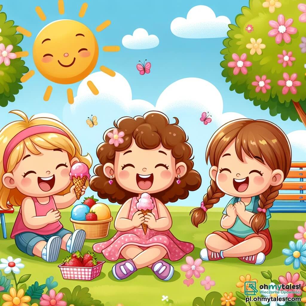 Une illustration sous forme de dessin destinée aux enfants représentant un parc ensoleillé avec des arbres en fleurs et des bancs colorés, où une fille de 7 ans aux cheveux bruns et bouclés, portant une robe rose, assise sur l'herbe, sourit tout en dégustant une glace à la fraise, entourée de deux amies : une fille aux cheveux blonds tressés, riant joyeusement, et une autre fille aux cheveux châtains, en train de préparer un pique-nique, illustrant un moment de bonheur et de camaraderie après une période de maladie.