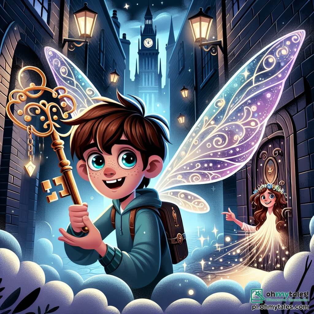 Une illustration sous forme de dessin destinée aux enfants représentant une ruelle sombre et brumeuse de Londres, où un garçon de 11 ans aux cheveux châtains et aux yeux pétillants d'excitation tient un vieux clé ornée de symboles mystérieux, tandis qu'à ses côtés, une belle créature féérique aux ailes scintillantes et aux longs cheveux flottants l'encourage avec un sourire, alors qu'ils se préparent à ouvrir une porte magique qui mène à un monde fantastique rempli de couleurs vives et de créatures enchantées, symbolisant l'aventure et l'amitié dans un univers de fantasy urbaine.