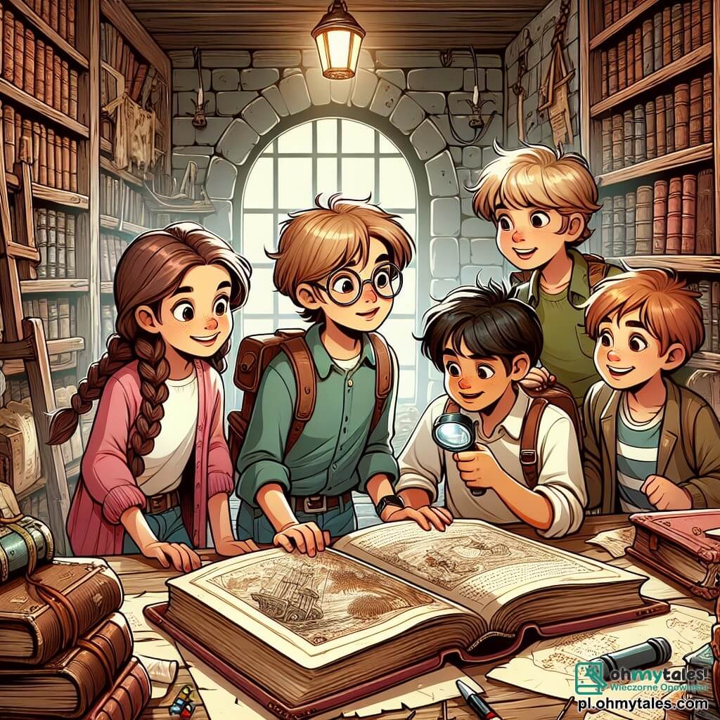 Une illustration sous forme de dessin destinée aux enfants représentant une vieille bibliothèque poussiéreuse avec des étagères en bois chargées de livres anciens, où un groupe de quatre enfants de 11 ans – une fille aux longs cheveux bruns tressés portant des lunettes, un garçon souriant avec des cheveux blonds en bataille, une fille aux cheveux courts et un carnet de croquis à la main, et un garçon aux cheveux châtains réfléchissant avec une lampe de poche – examine avec enthousiasme un ancien livre ouvert sur une table, découvrant une carte mystérieuse qui les mènera à une aventure palpitante à la recherche d'un trésor caché.