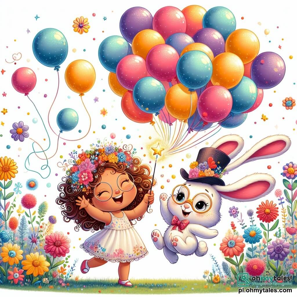 Une illustration sous forme de dessin destinée aux enfants représentant un jardin enchanté rempli de fleurs colorées et de balonnettes flottantes, où une petite fille d'environ un an, avec des cheveux bouclés et un sourire éclatant, agite une baguette magique scintillante, tandis qu'un petit lapin aux grandes oreilles, portant un chapeau rigolo et des lunettes, saute joyeusement autour d'elle, tous deux captivés par la pluie de balons multicolores qui tombent du ciel, créant une scène de pure magie et de rires.