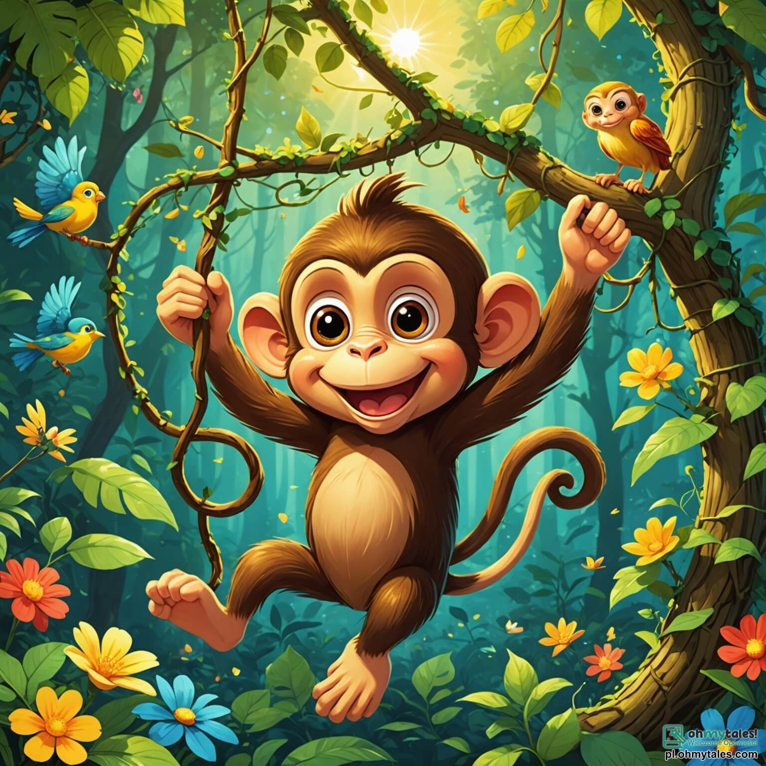 Une illustration destinée aux enfants représentant un singe espiègle aux yeux pétillants et au pelage doré, se balançant joyeusement de branche en branche dans une forêt luxuriante où les rayons du soleil filtrent à travers un feuillage dense, illuminant des fleurs colorées et des lianes enchevêtrées, tandis qu'il rêve d'aventures au-delà de son habitat familier, entouré de ses fidèles amis, des oiseaux chanteurs aux plumes éclatantes et des tortues sages, qui l'encouragent à explorer le monde mystérieux qui se cache de l'autre côté de la rivière scintillante.