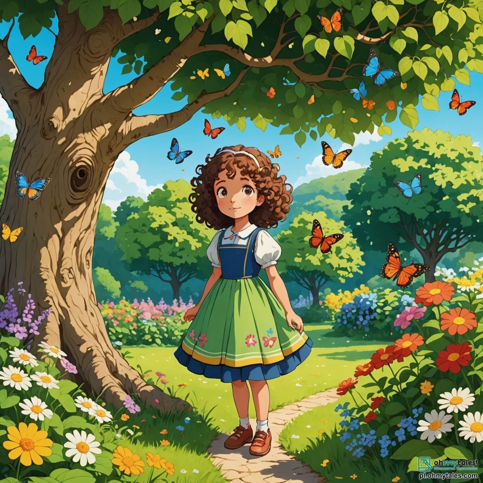 Une illustration destinée aux enfants représentant une petite fille aux cheveux bouclés, vêtue d'une robe colorée, qui se tient sous un grand arbre aux feuilles verdoyantes et aux fleurs éclatantes, se sentant coupable après avoir menti à son ami, un garçon aux yeux pétillants, dans un jardin ensoleillé rempli de papillons virevoltant autour des fleurs et d'un doux parfum de fruits mûrs.