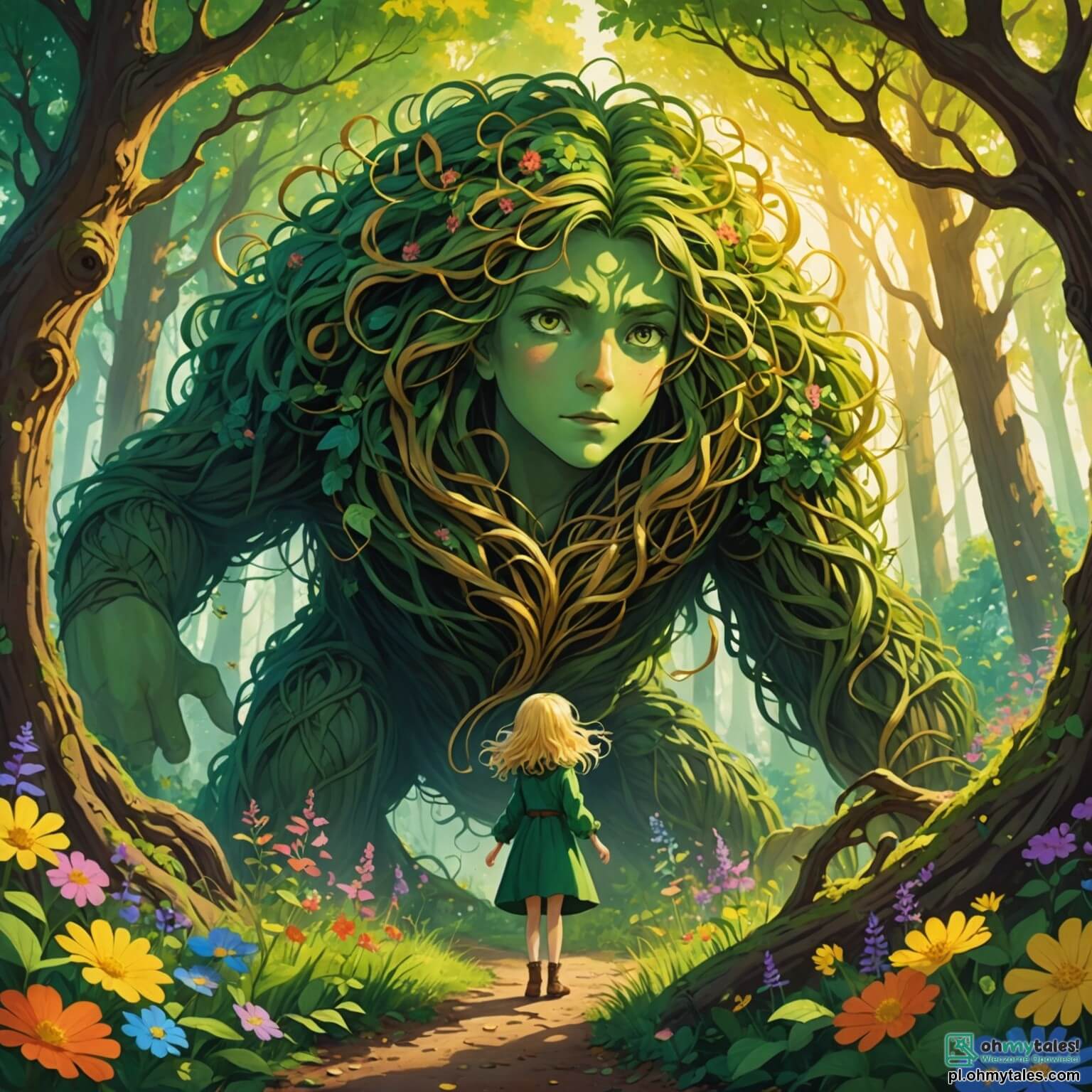 Une illustration destinée aux enfants représentant un géant au cœur d'une forêt enchantée, avec une peau d'un vert éclatant et des cheveux enchevêtrés comme des lianes, se tenant majestueusement au milieu d'une clairière baignée de lumière dorée, entouré de fleurs multicolores et de grands arbres aux troncs noueux, tandis qu'une petite fille aux cheveux dorés et aux yeux pétillants, pleine de curiosité et de courage, s'approche timidement de lui, prête à vivre une aventure extraordinaire, tandis qu'un autre géant, plus petit mais tout aussi joyeux, aux cheveux roses et à la voix mélodieuse, les observe en riant, ajoutant une touche de magie à cette scène féerique où l'amitié entre ces créatures fantastiques prend vie.