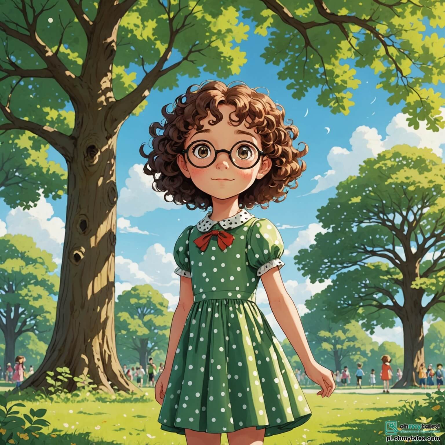 Une illustration destinée aux enfants représentant une petite fille aux cheveux bouclés et aux yeux pétillants, vêtue d'une robe à pois colorés, se tenant fièrement au milieu d'un parc ensoleillé, où de grands arbres aux feuilles vertes dansent doucement au gré du vent, tandis qu'elle scrute avec détermination un vieux chêne majestueux, entourée de ses amis, un garçon aux lunettes rondes, curieux et intelligent, et une autre fille à la tresse rousse, pleine d'énergie et d'enthousiasme, tous trois résolus à résoudre le mystère du vol des jouets disparus qui a plongé leur quartier dans l'inquiétude et l'excitation.