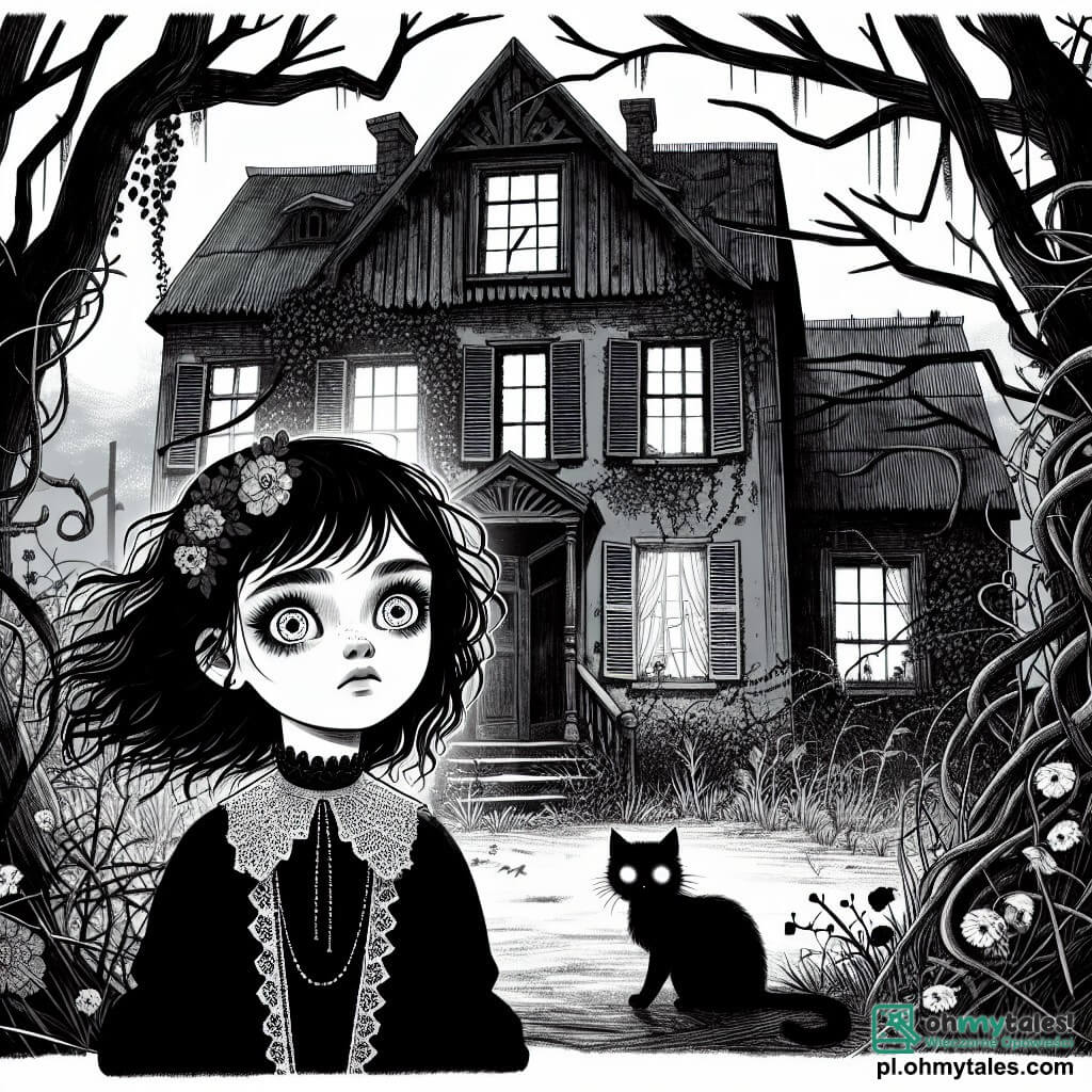 Une illustration destinée aux enfants représentant une jeune fille aux cheveux noirs comme la nuit, avec des yeux pétillants de curiosité, se tenant devant une vieille maison abandonnée aux volets grinçants, entourée d'un jardin envahi par des ronces et des ombres inquiétantes, tandis qu'un mystérieux chat noir, aux yeux brillants comme des lanternes, l'observe de loin, prêt à l'accompagner dans sa quête effrayante à la découverte des secrets que renferme ce lieu sinistre.