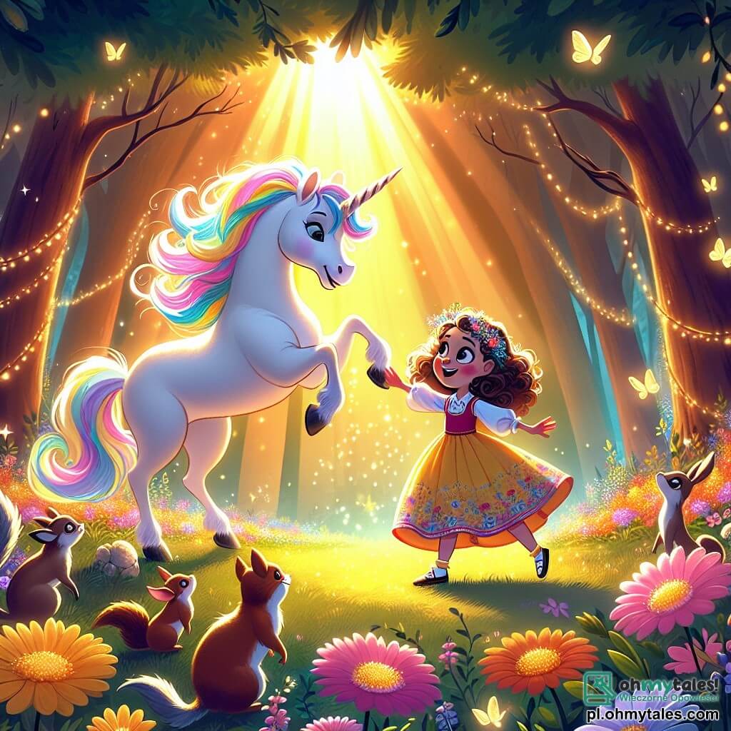 Une illustration sous forme de dessin destinée aux enfants représentant une clairière enchantée au cœur d'un forêt magique, baignée de lumière dorée, où se tient une magnifique licorne blanche avec une crinière aux couleurs de l'arc-en-ciel, en train de danser joyeusement parmi des fleurs luminescentes, tandis qu'une petite fille aux cheveux bouclés et à la robe colorée, émerveillée, s'approche d'elle avec un sourire radieux, entourée de petits animaux du bois comme des écureuils et des lapins qui les observent avec curiosité, capturant l'instant magique de leur première rencontre et l'émerveillement de l'amitié naissante.