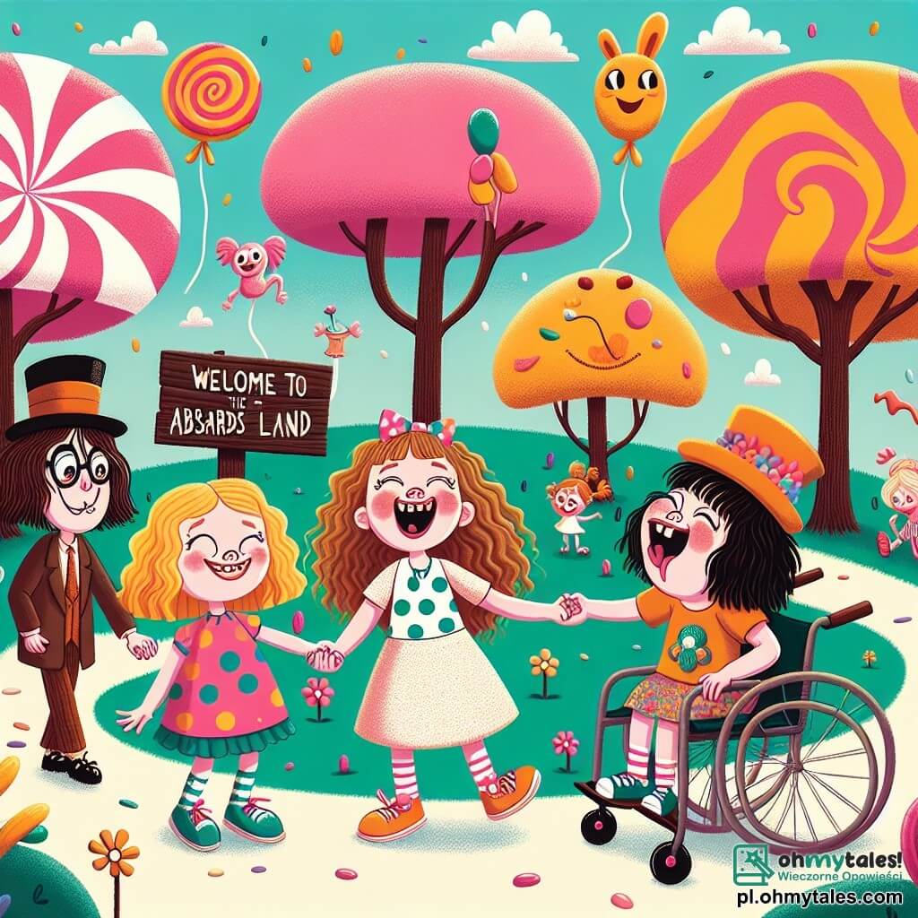 Ilustracja przedstawiająca bajkowy krajobraz w Krainie Absurdów, z drzewami o liściach w kształcie kolorowych cukierków i niebem usłanym balonami w kształcie zwierząt unoszącymi się delikatnie. W centrum cztery dziewczynki w wieku około 8-10 lat trzymają się za ręce, głośno się śmiejąc. Pierwsza dziewczynka, z kręconymi blond włosami, ma na sobie sukienkę w kropki i promienny uśmiech. Druga, z prostymi brązowymi włosami, nosi kolorowy t-shirt i okulary, które zjeżdżają jej z nosa. Trzecia, z kręconymi czarnymi włosami, jest ubrana w wielokolorową spódnicę i robi zabawną minę. Ostatnia, na wózku inwalidzkim, ma kasztanowe włosy i nosi kapelusz słomkowy ozdobiony kwiatami, patrzy na swoje przyjaciółki z oczami błyszczącymi radością. Główna scena pokazuje dziewczynki tańczące wokół dużego drewnianego panelu z napisem "Witamy w Krainie Absurdów!", podczas gdy ekscentryczna postać, mężczyzna w kostiumie z papieru gazetowego i kapeluszu w kształcie parasola, obserwuje je z uśmiechem. Dodatkowe elementy graficzne to trampoliny z galaretki, huśtawki z gumy do żucia i chmury z waty cukrowej, tworzące radosną i zabawną atmosferę.