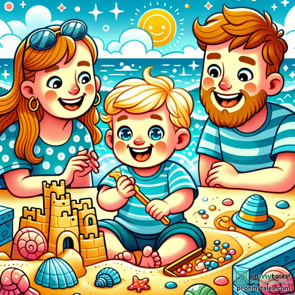 Une illustration sous forme de dessin destinée aux enfants représentant une plage ensoleillée avec des vagues scintillantes, un garçon de 1 an aux cheveux blonds et aux yeux pétillants, joyeusement en train de construire un grand château de sable, tandis que sa maman, une femme souriante aux cheveux bruns, l'encourage avec enthousiasme, et son papa, un homme barbu portant des lunettes de soleil, les observe avec un sourire fier, le tout entouré de coquillages colorés et d'un ciel bleu parsemé de quelques nuages blancs.