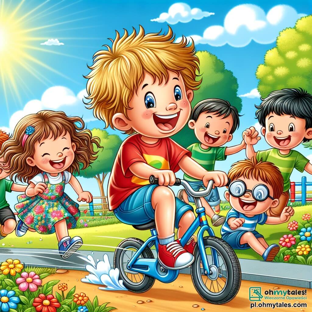Une illustration sous forme de dessin destinée aux enfants représentant un parc ensoleillé avec des fleurs colorées et un ciel bleu, où un garçon de 9 ans aux cheveux blonds et ébouriffés, vêtu d'un t-shirt rouge et d'un short bleu, est en train de faire la course sur son vélo rapide, tandis qu'une fille de 9 ans aux cheveux bruns et bouclés, portant une robe à fleurs, le suit de près en riant, entourés de leurs amis : un garçon aux lunettes et un t-shirt vert qui les encourage, et un autre garçon aux cheveux noirs qui vient de tomber dans une flaque d'eau, tous partageant un moment de joie et d'amusement.