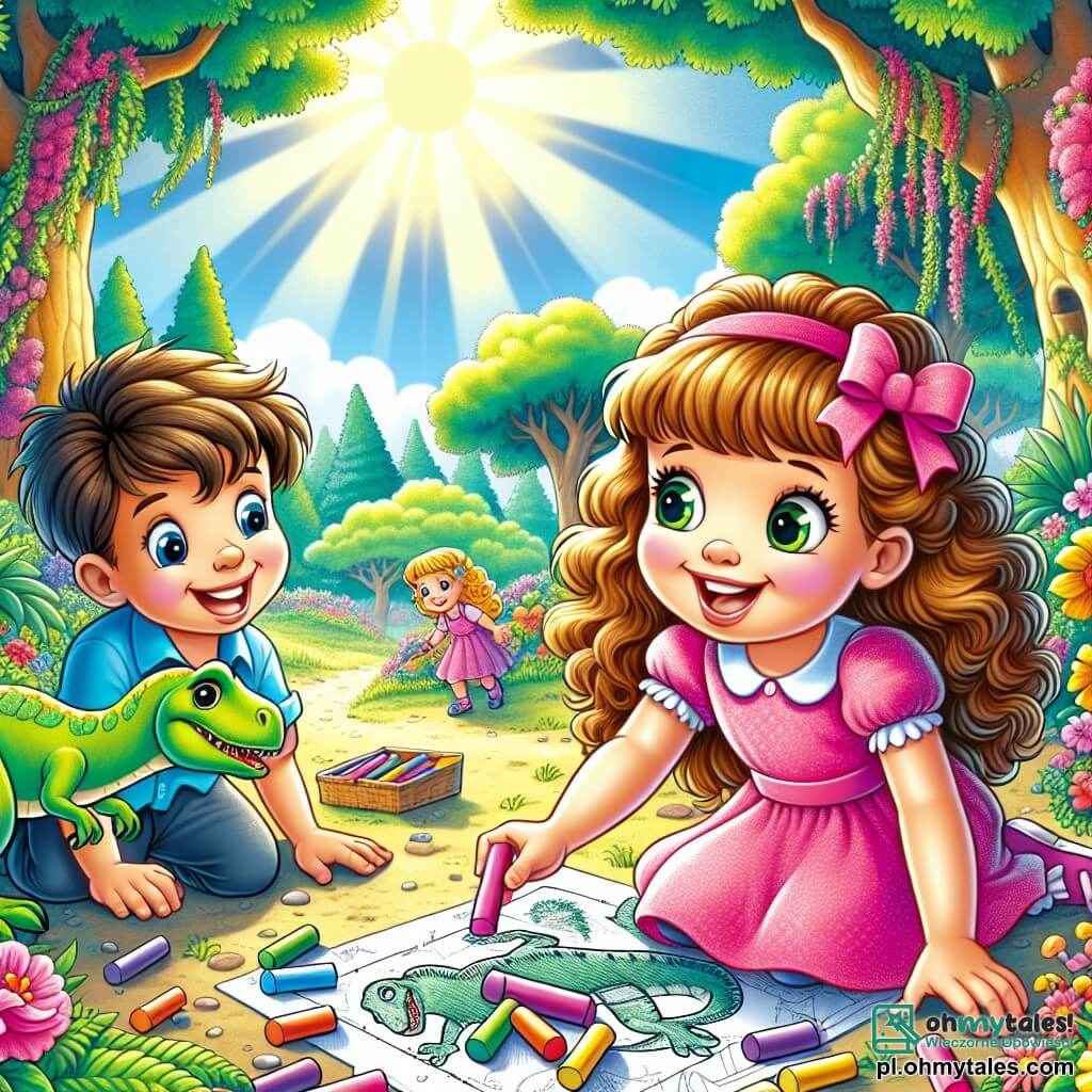 Une illustration sous forme de dessin destinée aux enfants représentant un parc ensoleillé avec de grands arbres et des fleurs colorées, où une petite fille de 5 ans aux cheveux bouclés et aux yeux pétillants, vêtue d'une robe rose, est assise par terre en train de dessiner un dino en utilisant des craies colorées, tandis qu'un garçon aux cheveux bruns et une petite fille aux cheveux blonds, tous deux souriants, l'observent avec enthousiasme, alors qu'ils préparent une carte au trésor pour une grande aventure à la recherche d'un mystérieux trésor caché.