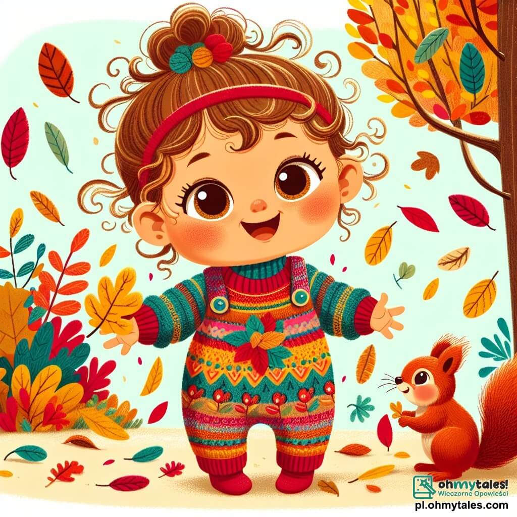 Une illustration sous forme de dessin destinée aux enfants représentant un jardin d'automne aux couleurs vives, avec des feuilles jaunes, rouges et brunes éparpillées sur le sol, où une petite fille de 1 an aux cheveux bouclés et aux yeux pétillants, vêtue d'un cossin en laine coloré, s'amuse à ramasser des feuilles avec un grand sourire, tandis qu'une petite wiewiórka rousse, avec une queue touffue, grimpe joyeusement sur un arbre à proximité, illustrant la magie de l'automne et la préparation pour l'hiver.