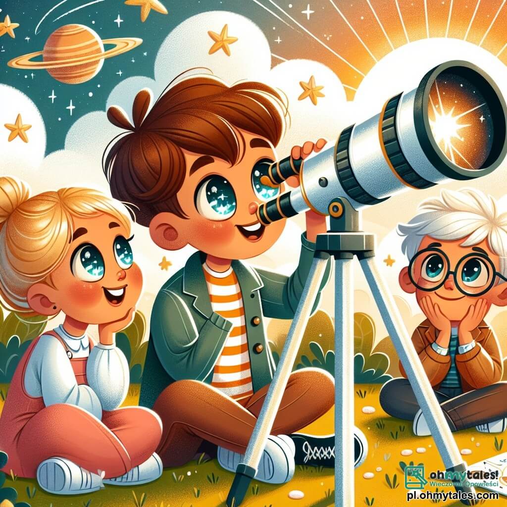 Une illustration sous forme de dessin destinée aux enfants représentant un petit garçon aux cheveux bruns et aux yeux pétillants, assis sur l'herbe d'un jardin ensoleillé, regardant à travers un télescope en direction d'un ciel étoilé, tandis que deux de ses amis, une fille aux cheveux blonds et une autre garçon aux lunettes, l'observent avec émerveillement, tous trois rêvant de devenir astronautes et de voyager dans l'espace, entourés de dessins de planètes et d'étoiles scintillantes.