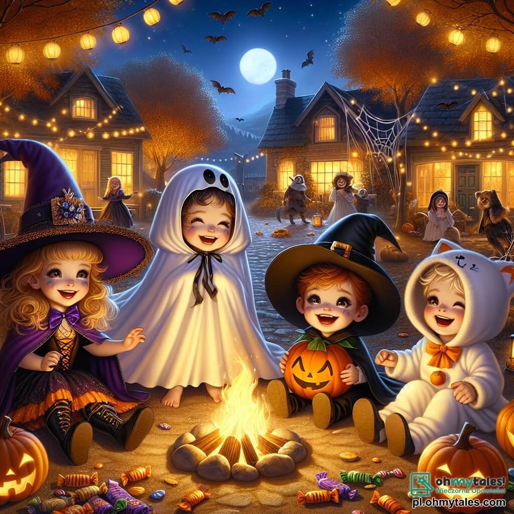 Ilustracja przedstawiająca radosną scenę Halloween w małej wiosce oświetlonej lampionami w kształcie dyni. W centrum znajduje się grupa czterech dzieci, dwóch chłopców i dwóch dziewczynek, radośnie razem. Pierwsza dziewczynka, mająca cztery lata, ubrana jest w piękny kostium czarownicy z fioletowym płaszczem i dużym czarnym kapeluszem ozdobionym błyszczącą klamrą. Druga dziewczynka, również czteroletnia, przebrana jest za małego ducha w białym prześcieradle z figlarnym uśmiechem. Pierwszy chłopiec, mający pięć lat, nosi kostium czarnego kota z ostrymi uszami i zawiniętą ogonem. Drugi chłopiec, również pięcioletni, przebrany jest za dynię w pomarańczowym kostiumie z dużym uśmiechem namalowanym na brzuchu. Dzieci tańczą radośnie wokół ogniska, ich twarze oświetlone blaskiem płomieni. W tle drzewa z złotymi liśćmi i domy udekorowane pajęczynami dodają magicznej atmosfery. Gwiazdy błyszczą na nocnym niebie, a kolorowe cukierki są rozsypane wokół nich. Atmosfera jest pełna śmiechu i radości, uchwycając świątecznego ducha Halloween.