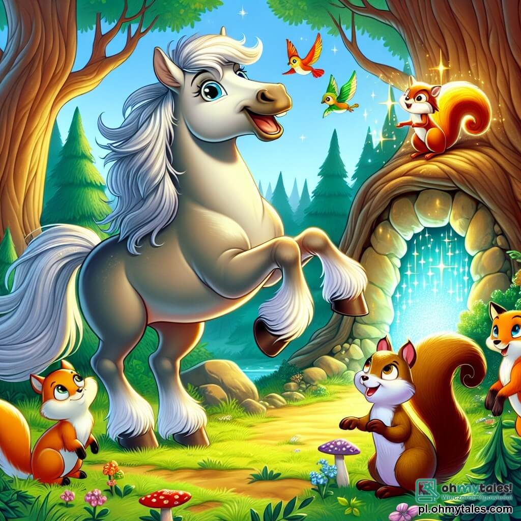 Une illustration sous forme de dessin destinée aux enfants représentant une clairière ensoleillée au cœur d'une forêt magique, où un majestueux cheval à la crinière argentée et aux yeux brillants explore joyeusement, entouré d'une petite wiewiórka au pelage roux qui gesticule avec enthousiasme, tandis qu'un groupe d'animaux curieux, dont un renard rusé et un oiseau coloré, les observe avec intérêt, alors qu'ils découvrent une mystérieuse jaskinia scintillante, symbole de leur quête pour un trésor magique à partager avec tous leurs amis.