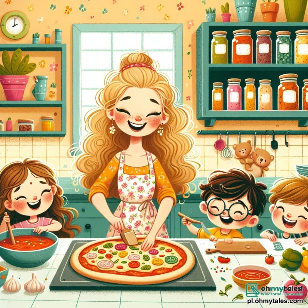 Une illustration sous forme de dessin destinée aux enfants représentant une cuisine chaleureuse et colorée, avec des murs peints en jaune pastel et des étagères remplies de bocaux d'épices, où une femme joyeuse aux cheveux bouclés et au tablier fleuri prépare une pizza en souriant, entourée de trois enfants : une fille aux longs warkocze qui ajoute des légumes colorés sur la pâte, un garçon aux lunettes qui mélange une sauce rouge dans un bol, et un petit garçon tenant un ours en peluche, tous riant et s'amusant dans une ambiance de créativité et de partage culinaire.