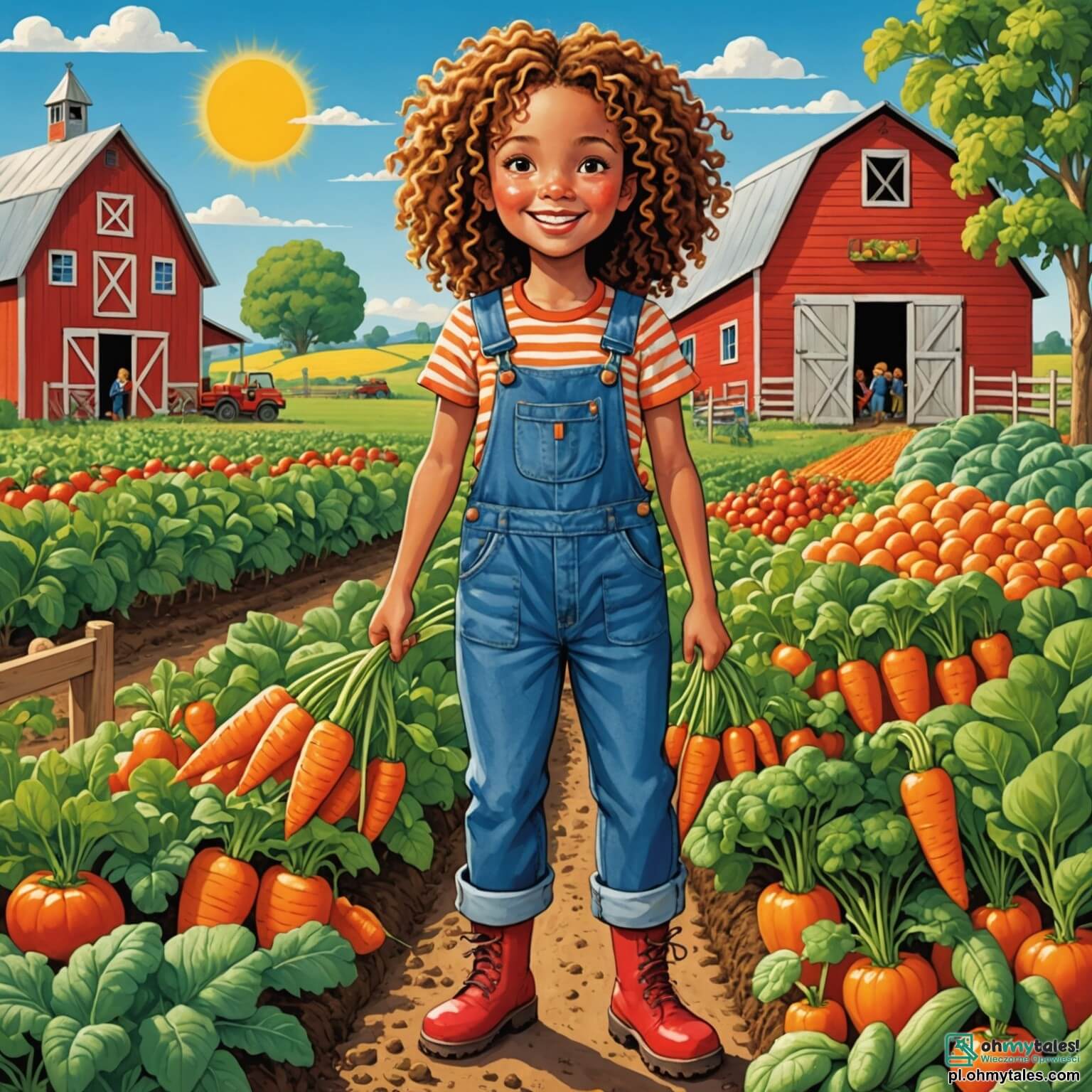 Une illustration destinée aux enfants représentant une femme joyeuse aux cheveux bouclés, vêtue d'une salopette en denim et de bottes en caoutchouc, se tenant au milieu de sa ferme colorée, entourée de rangées de légumes éclatants comme des carottes orange vif et des tomates rouges juteuses, tandis que deux enfants, un garçon aux yeux pétillants et une fille aux tresses dorées, s'activent à ses côtés pour récolter des légumes sous un ciel bleu azur parsemé de nuages cotonneux, créant une atmosphère de camaraderie et de joie, dans ce coin de campagne où le chant des oiseaux et le doux parfum des fleurs se mêlent à l'odeur de la terre fraîchement labourée.