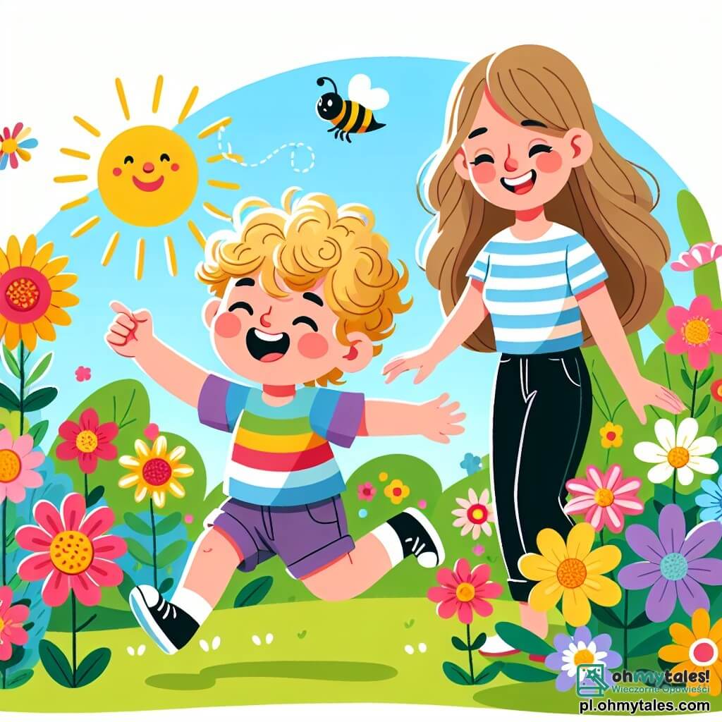 Une illustration sous forme de dessin destinée aux enfants représentant un jardin en pleine floraison au printemps, avec un garçon de 2 ans aux cheveux blonds et bouclés, vêtu d'un t-shirt coloré et d'un short, courant joyeusement parmi les fleurs tout en pointant une petite abeille qui vole autour de lui ; sa maman, une femme souriante aux cheveux bruns et longs, se tient à proximité, observant son fils avec tendresse, tandis que des fleurs multicolores et des rayons de soleil illuminent la scène, créant une atmosphère joyeuse et vivante.