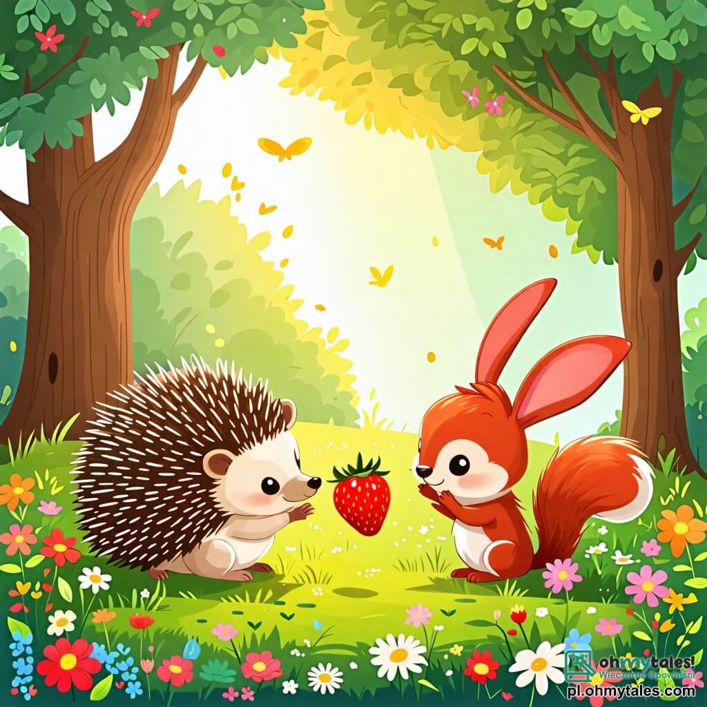 Une illustration sous forme de dessin destinée aux enfants représentant un charmant petit bois ensoleillé, où un hérisson aux piquants bruns et aux yeux pétillants de curiosité est assis sur l'herbe verte en train de déguster une juteuse fraise, tandis qu'une joyeuse écureuil aux poils roux et une zany lapin aux grandes oreilles blanches s'affrontent dans un concours amical pour voir qui mangera le plus de fruits, entourés de fleurs colorées et d'arbres majestueux, créant une atmosphère de joie et de camaraderie.
