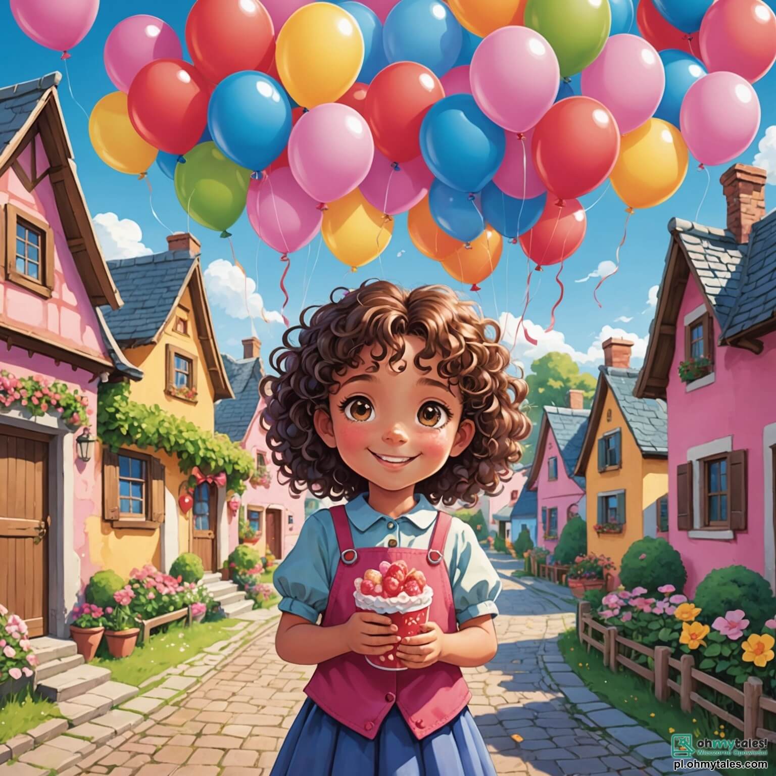 Une illustration destinée aux enfants représentant une petite fille pétillante aux cheveux bouclés et aux yeux pétillants de malice, qui, dans un charmant village aux maisons colorées ornées de guirlandes de cœurs et de ballons roses flottant dans l'air doux du printemps, s'apprête à célébrer la Saint-Valentin en préparant des cartes et des biscuits en forme de cœur pour ses amis, dont un garçon espiègle au sourire éclatant et une fille joyeuse aux tresses dorées, tous deux impatients de participer à une chasse au trésor pleine de surprises et de rires dans le parc fleuri, où les arbres sont en fleurs et les oiseaux chantent des mélodies d'amour.