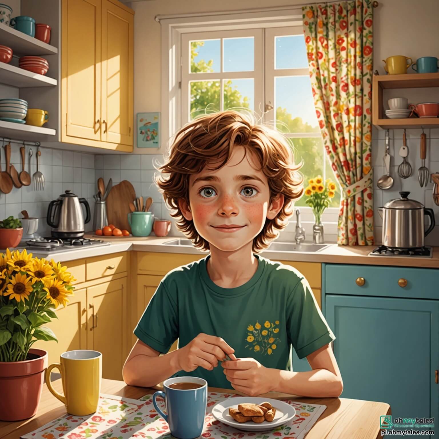 Une illustration destinée aux enfants représentant un garçon de 10 ans, aux cheveux châtains en bataille et aux yeux pétillants de curiosité, se tenant au milieu d'une cuisine ensoleillée, où les rayons dorés du matin filtrent à travers les rideaux à fleurs, tandis qu'il tente de rassembler ses parents, une maman douce au sourire chaleureux et un papa un peu distrait, autour d'une table en bois ornée de dessins colorés et de tasses de chocolat chaud, pour partager un moment de joie et de complicité, malgré les nuages d'inquiétude qui planent parfois au-dessus de leur tête, dans leur maison pleine de souvenirs et de rires, où chaque coin évoque une histoire d'amour et de défis à surmonter ensemble.