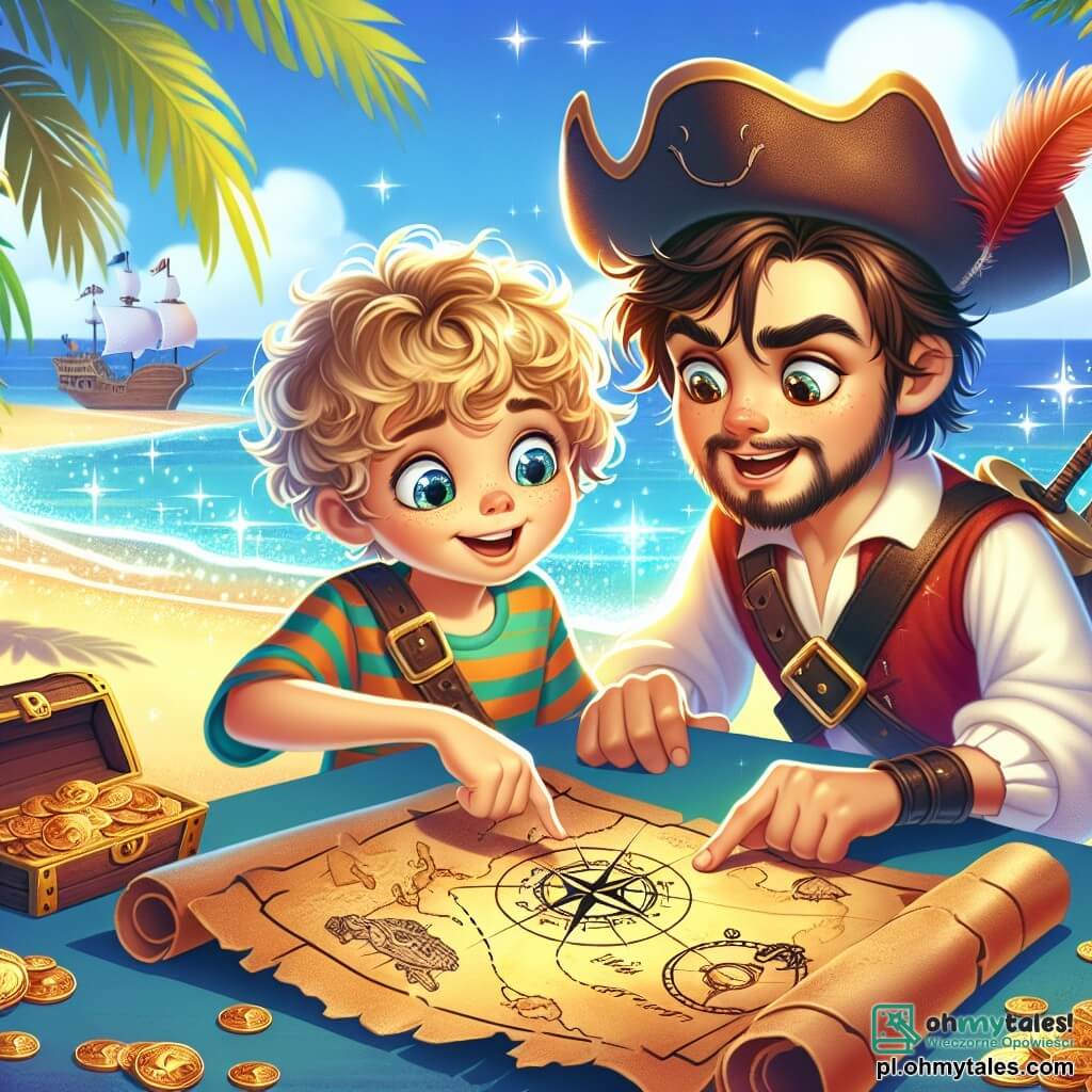 Une illustration sous forme de dessin destinée aux enfants représentant une scène vibrante sur une plage ensoleillée, où un jeune homme pirate aux cheveux bruns en désordre et portant un chapeau à plumes, examine avec excitation une vieille carte au trésor, tandis qu'à ses côtés, une fille aux cheveux blonds et bouclés, vêtue d'une chemise colorée, pointe du doigt un symbole mystérieux sur la carte, et un garçon aux yeux pétillants, armé d'un arc, observe les environs avec vigilance, alors qu'ils se préparent à partir à la recherche d'un trésor caché sur l'île des Ducs d'Or, avec des vagues scintillantes et des palmiers en arrière-plan.